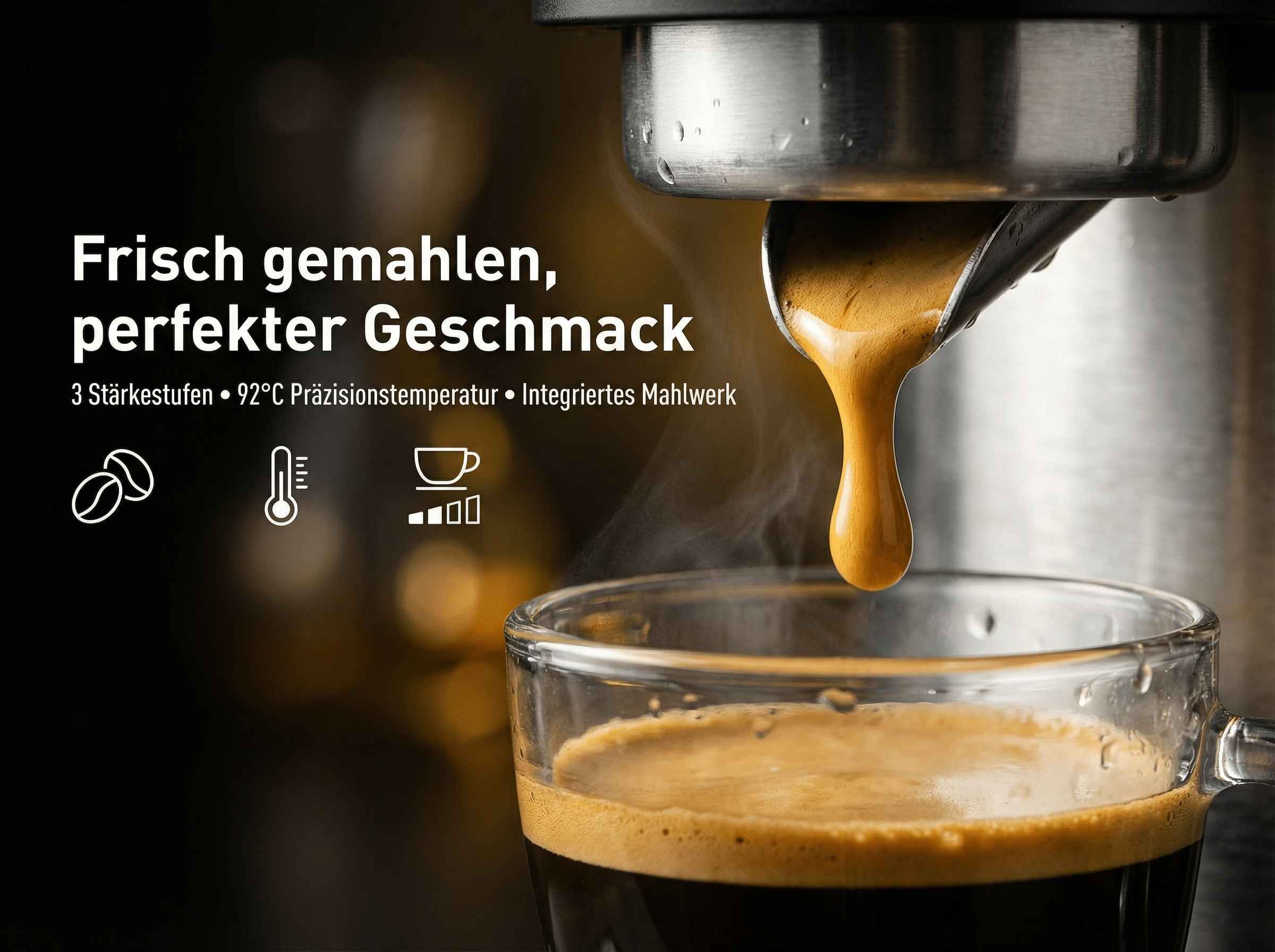 Frisch gebrühter Espresso tropft aus einer Maschine in eine Glas Tasse.