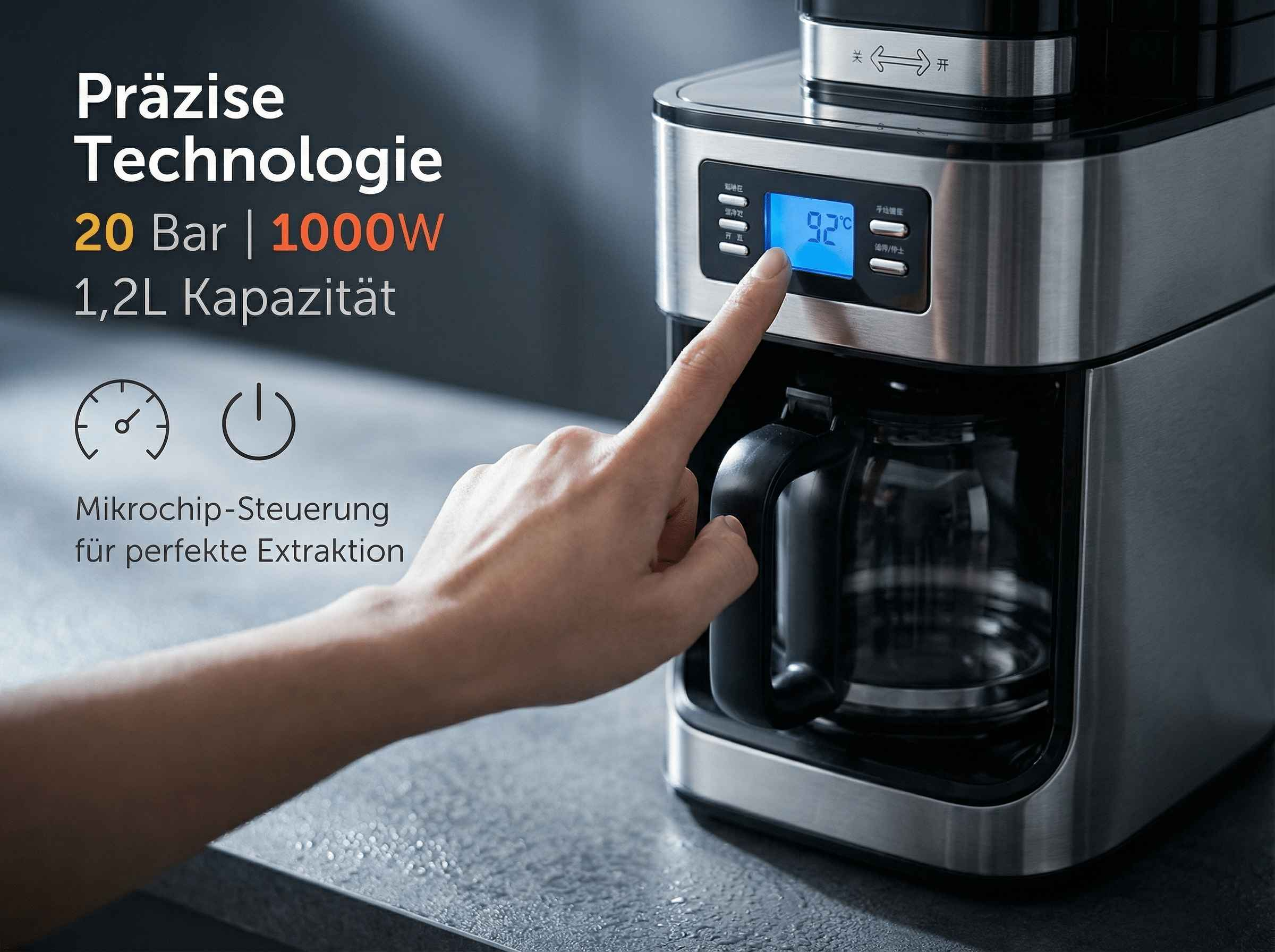 Eine Hand bedient eine Kaffeemaschine mit Digitalanzeige von 92 Grad.