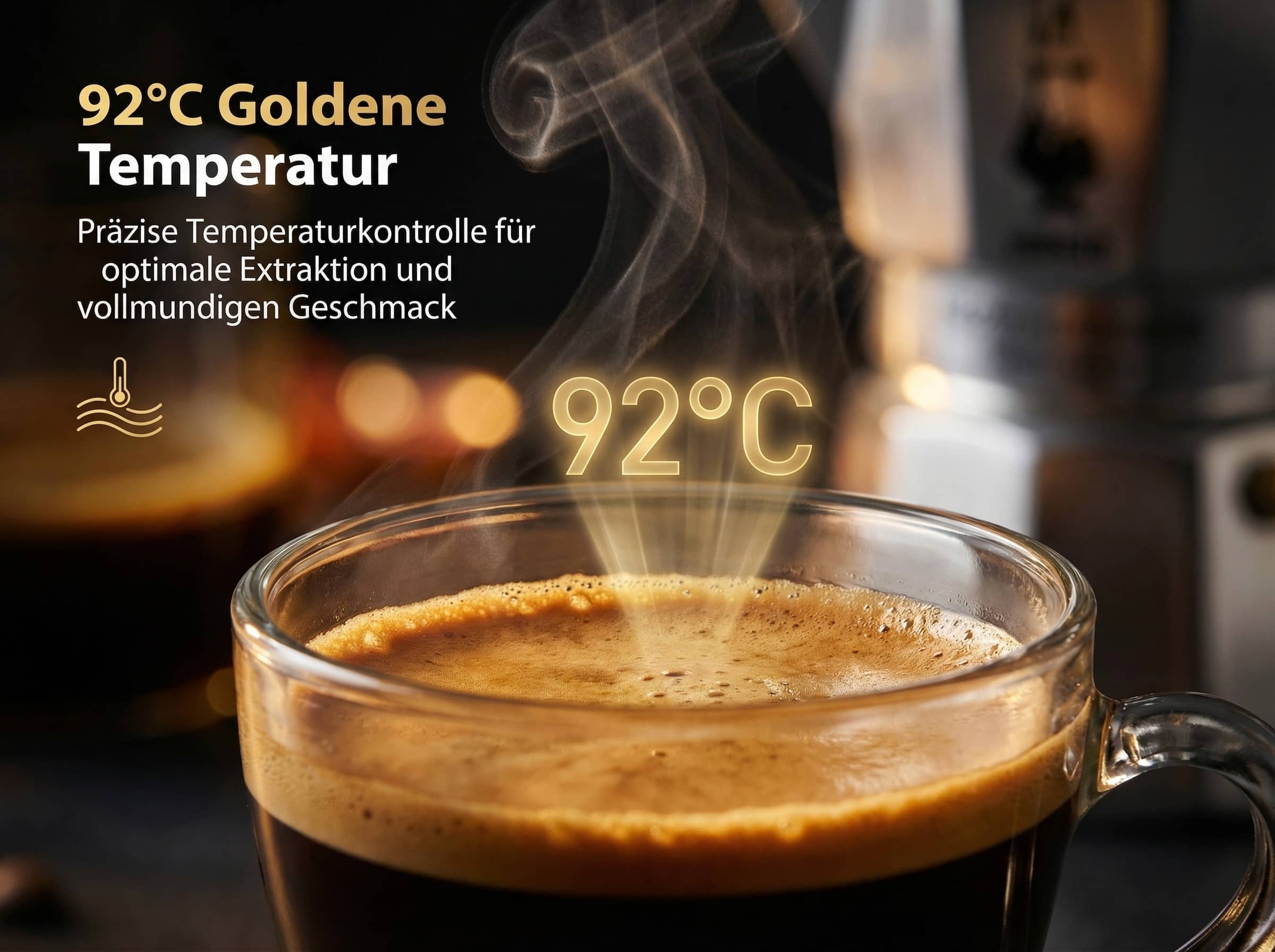 Heißer Kaffee bei 92°C mit Dampf über einer Tasse und Text.