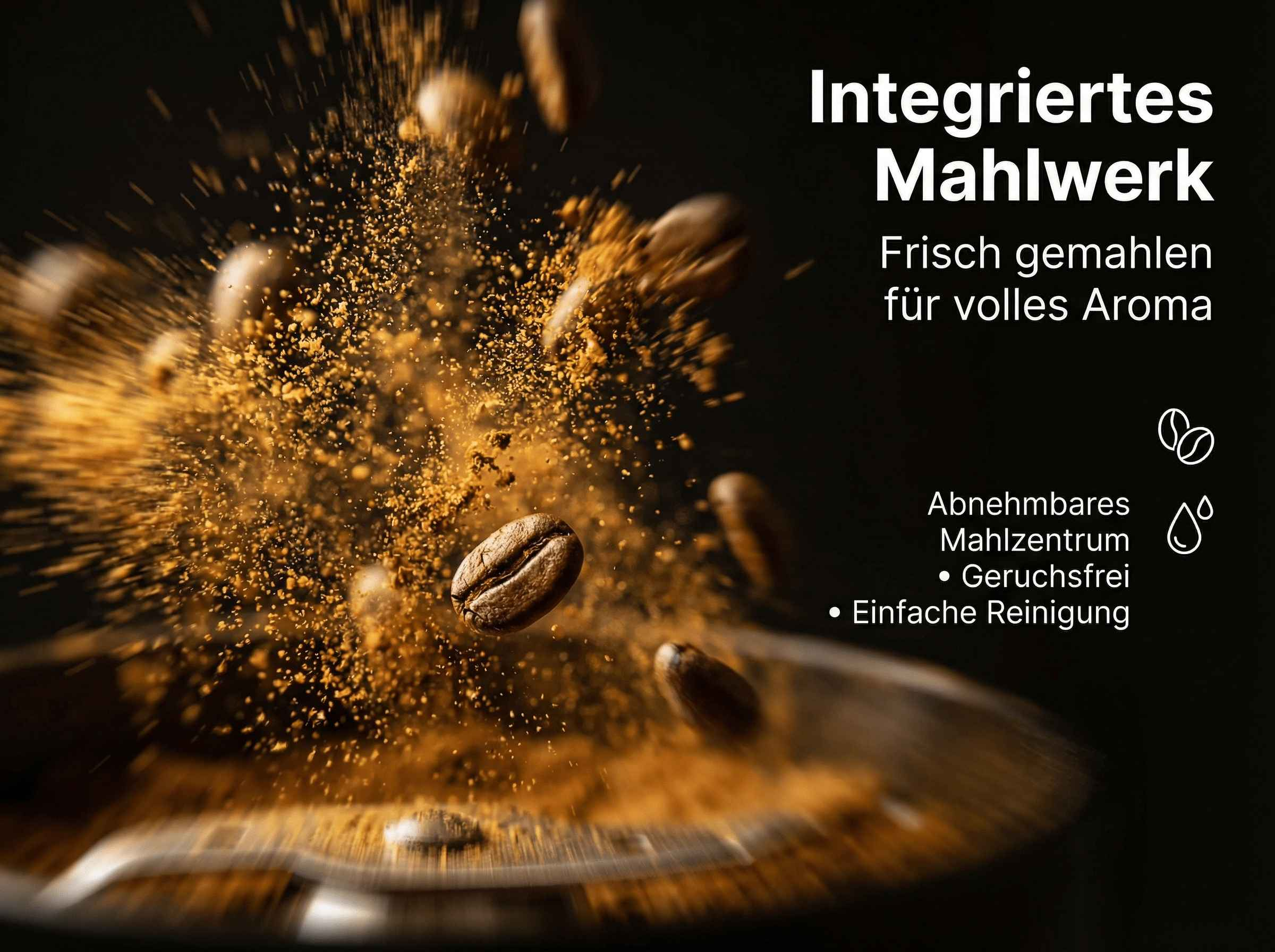Kaffeebohnen und gemahlener Kaffee fliegen durch die Luft. Integriertes Mahlwerk.