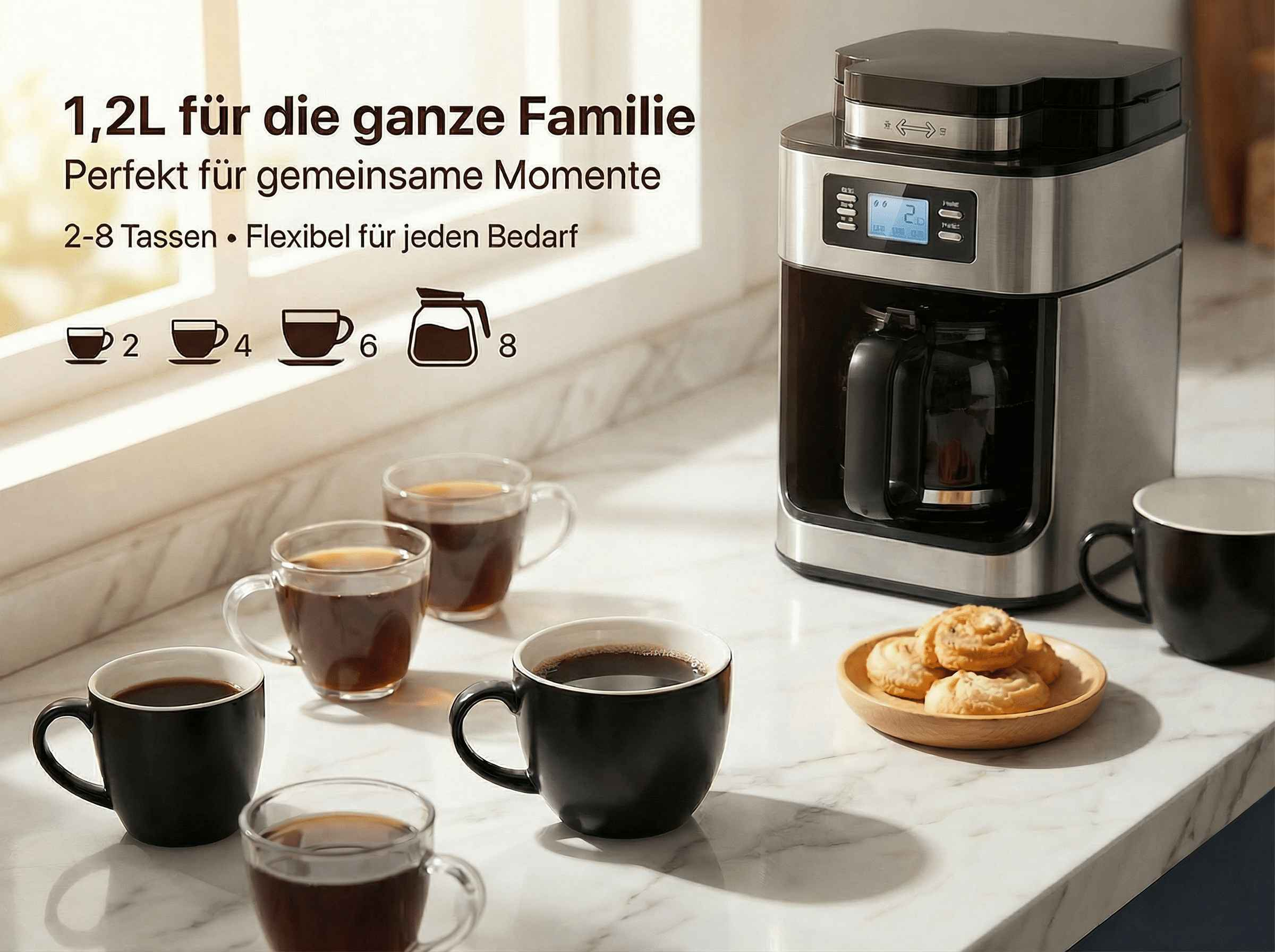 Kaffeemaschine mit Glaskaraffe, Tassen und Keksen auf Marmorarbeitsplatte.