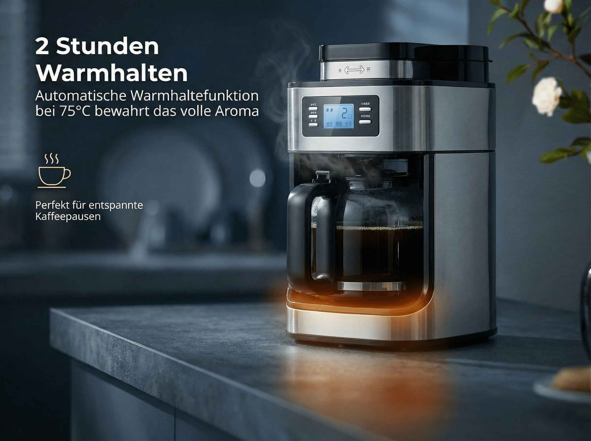 Kaffeemaschine mit Warmhaltefunktion hält Kaffee 2 Std. bei 75°C.