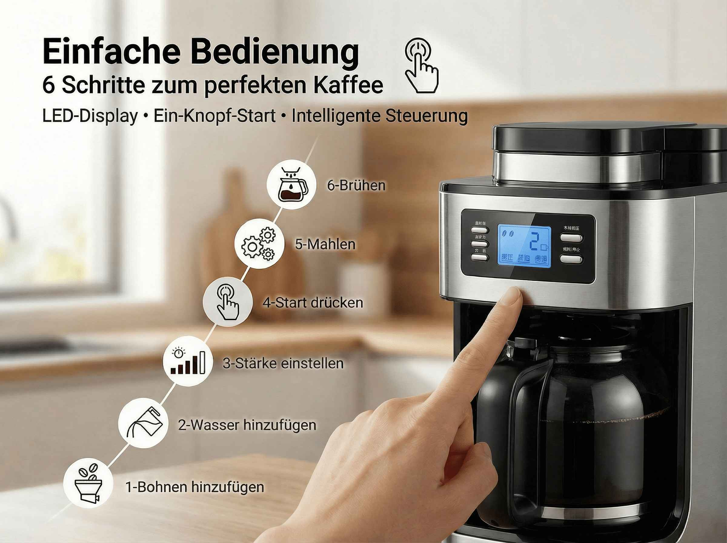 Kaffeemaschine mit 6 Schritten zur Zubereitung, Bedienungsanleitung und digitalem Display.