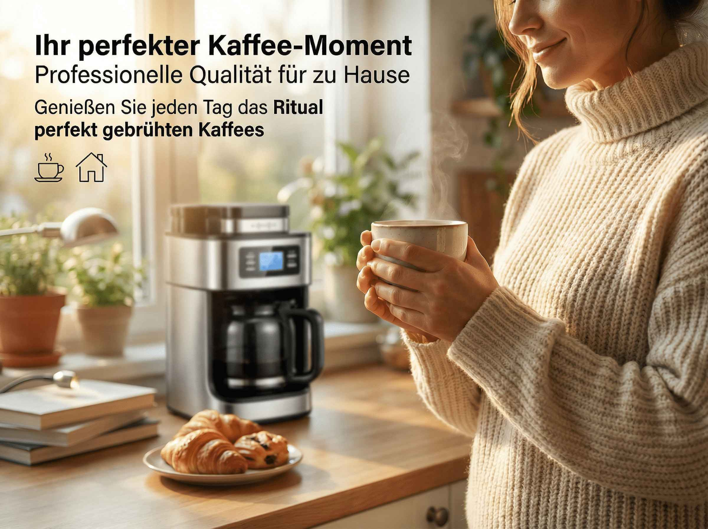 Eine Frau hält eine dampfende Kaffeetasse, neben einer Kaffeemaschine und Croissants.