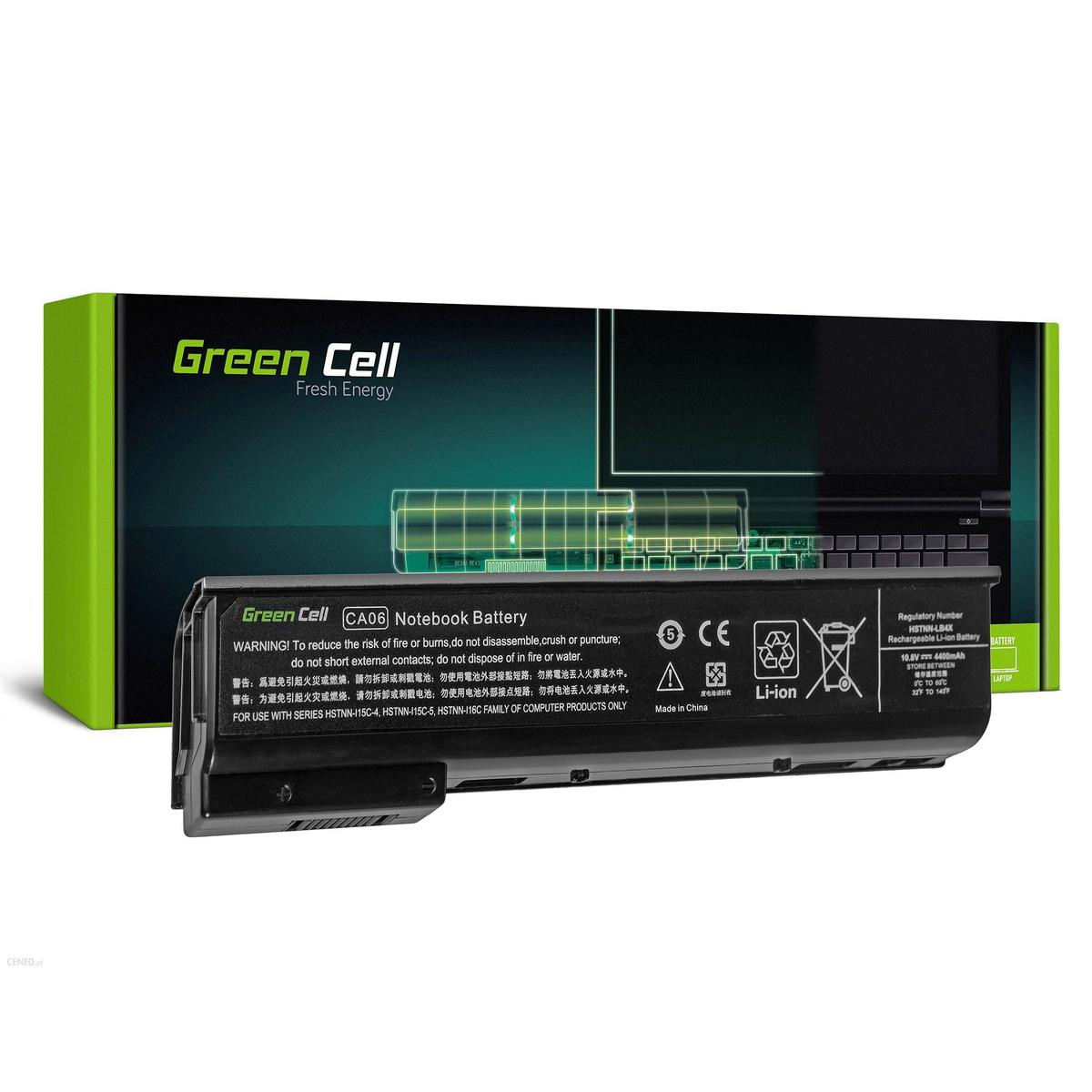 Bateria do laptopa Green Cell CA06 z ostrzeżeniami, symbolami CE i Li-ion.