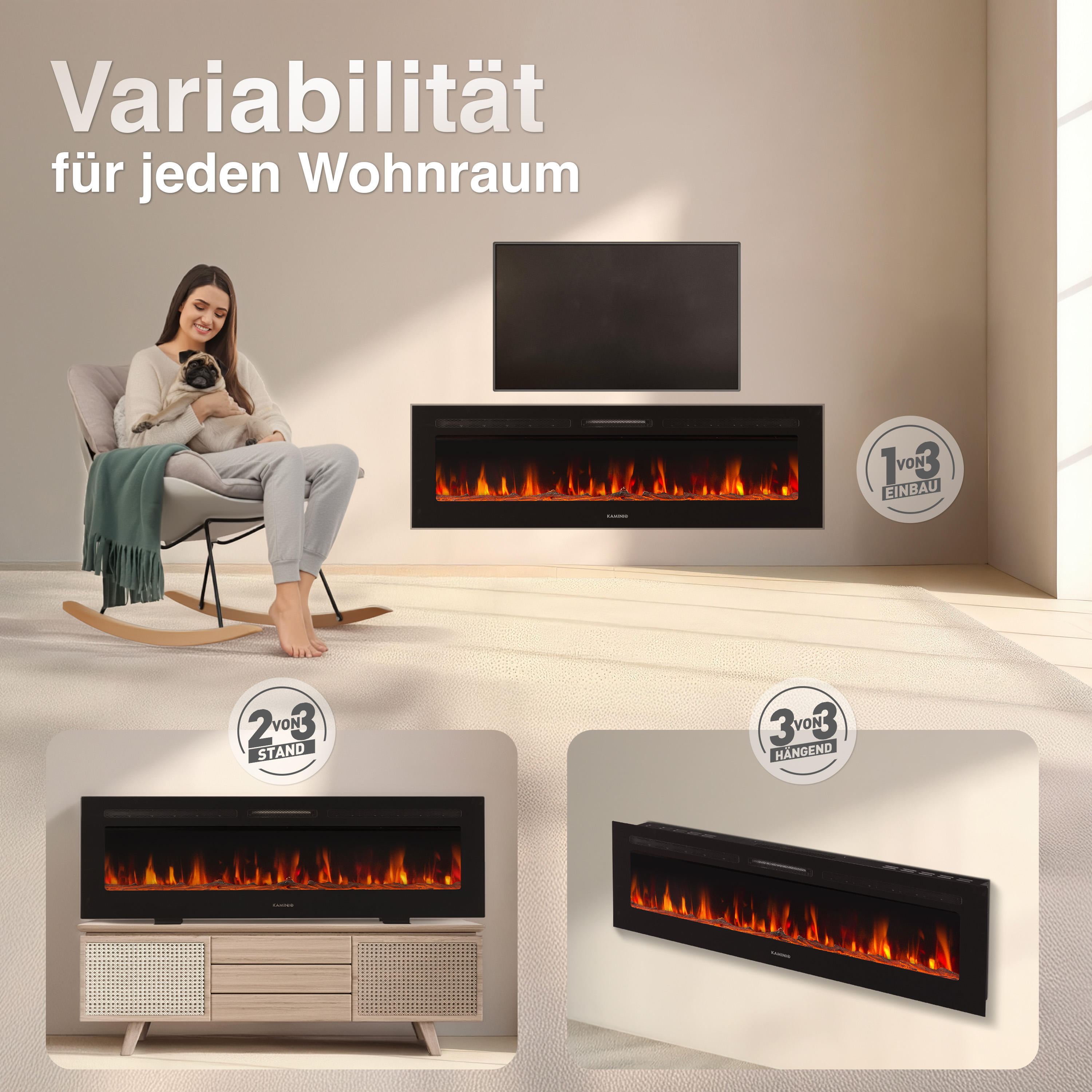 Frau mit Hund sitzt auf Schaukelstuhl vor Kamin und Fernseher.