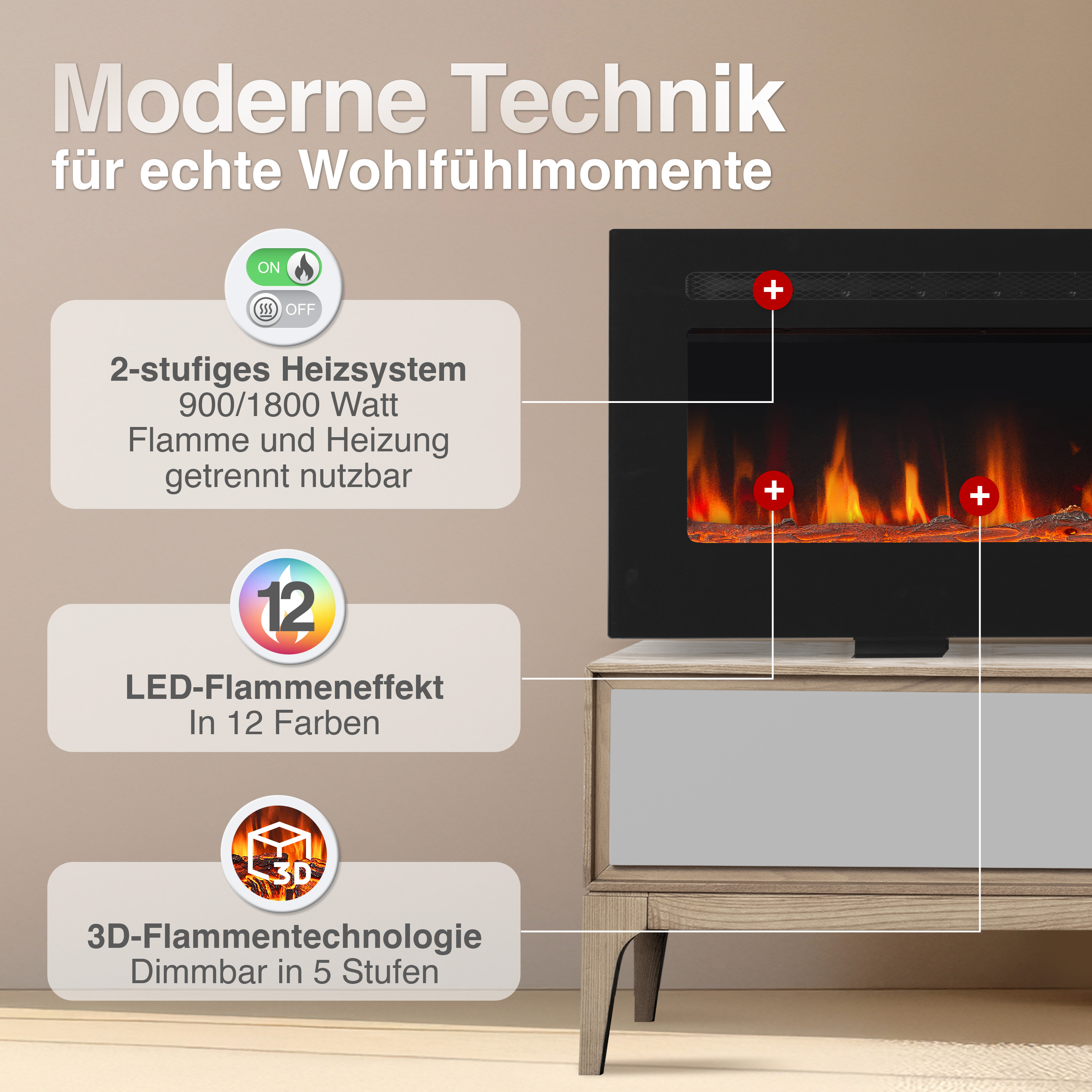 Moderner Elektrokamin mit Flammen- und Heizfunktion, 12 LED-Farben.