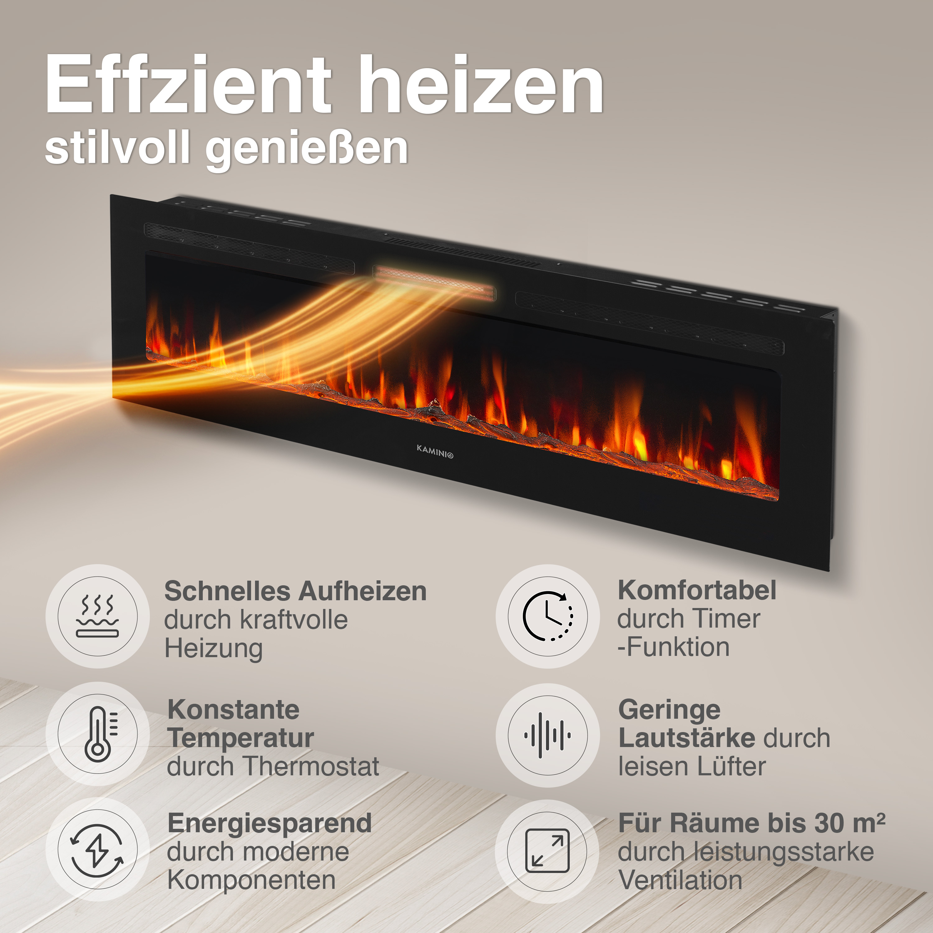 Elektrischer Kamin mit Flammenanimation und Heizfunktion.
