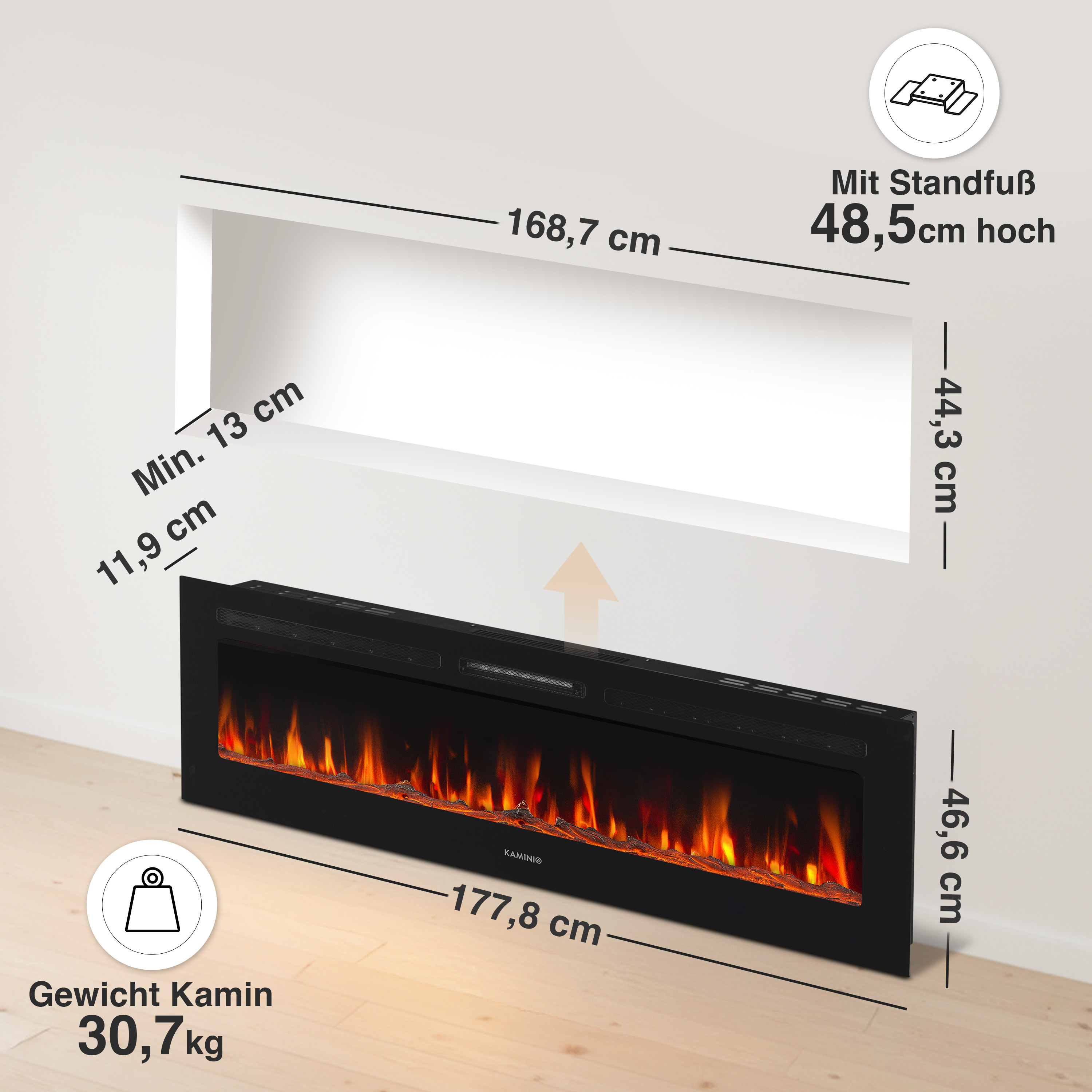 Schwarzer Elektrokamin mit Flammen-Effekt, Maße und Gewichtsangaben.