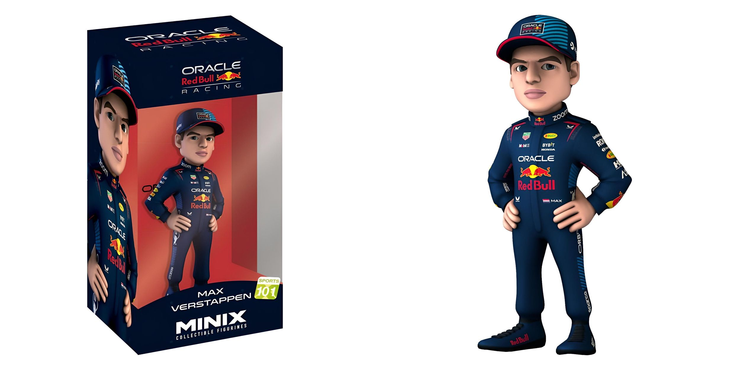 Eine Minix-Figur von Max Verstappen im Rennanzug neben seiner Box.