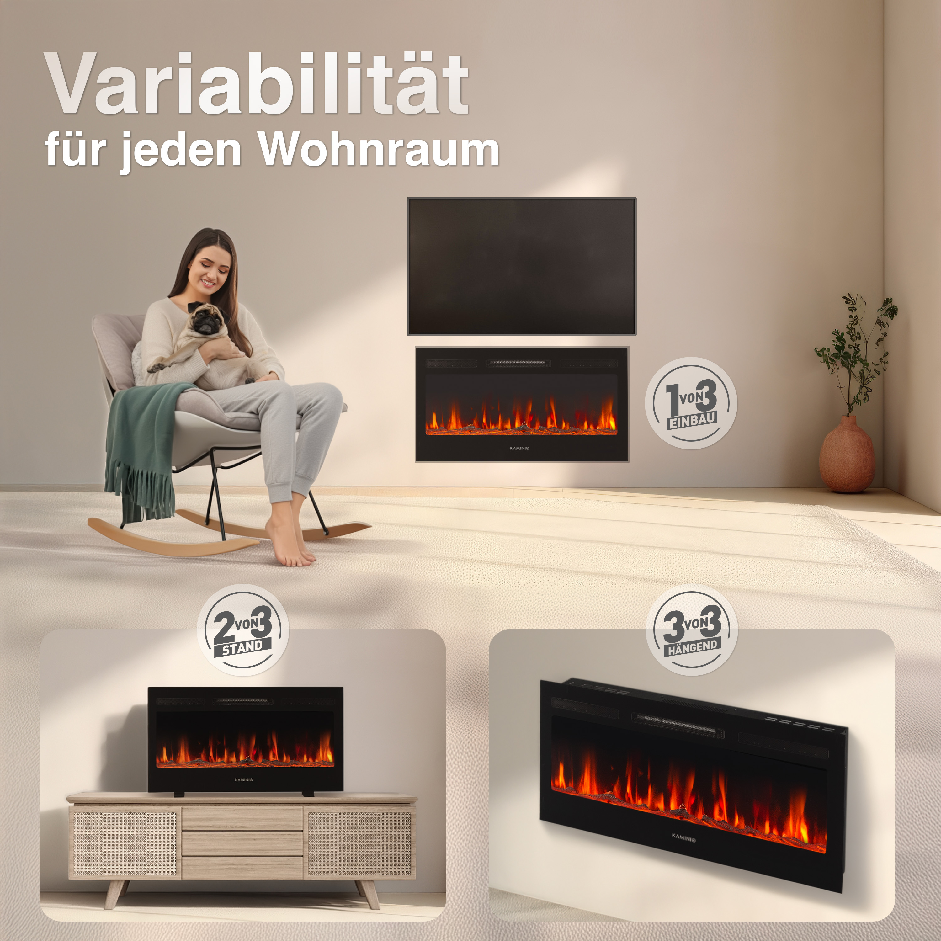 Ein Kamin mit Flammen, eine Frau mit Hund, ein TV und drei Montagemöglichkeiten.
