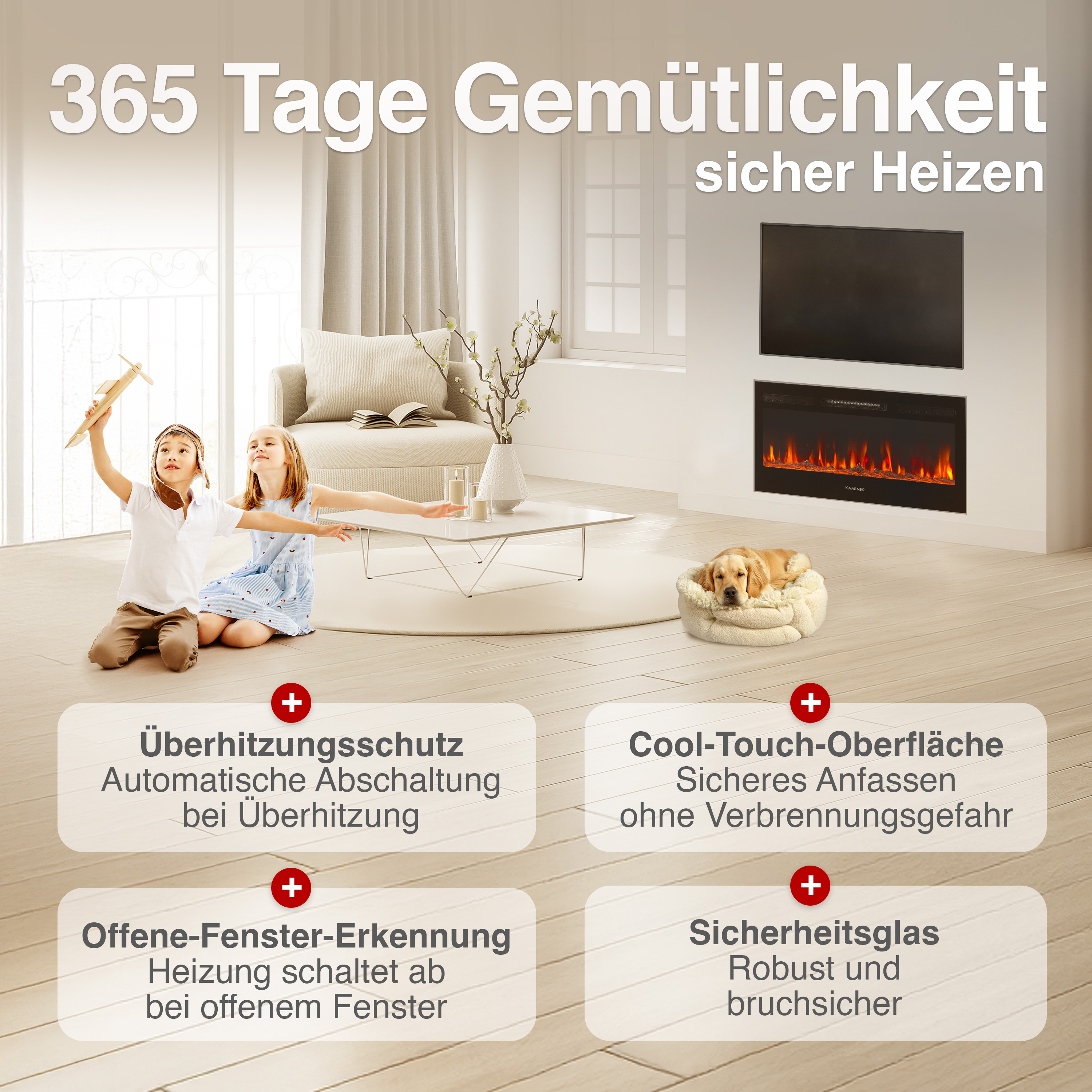 Kinder spielen mit Flugzeug, Hund schläft, Kamin heizt. Mit Sicherheitshinweisen.