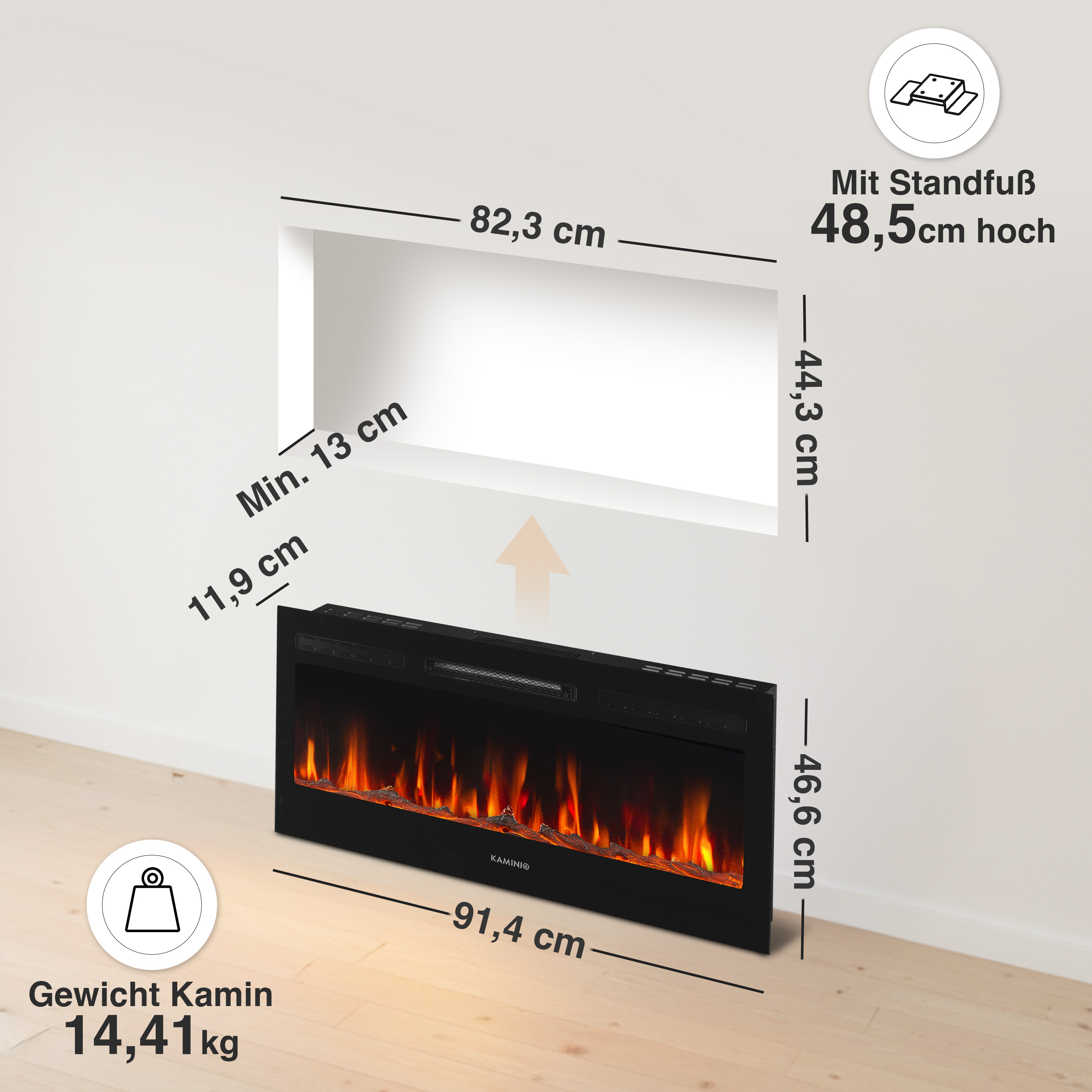 Elektrischer Kamin 91,4 cm breit, 46,6 cm hoch, mit Maßen.