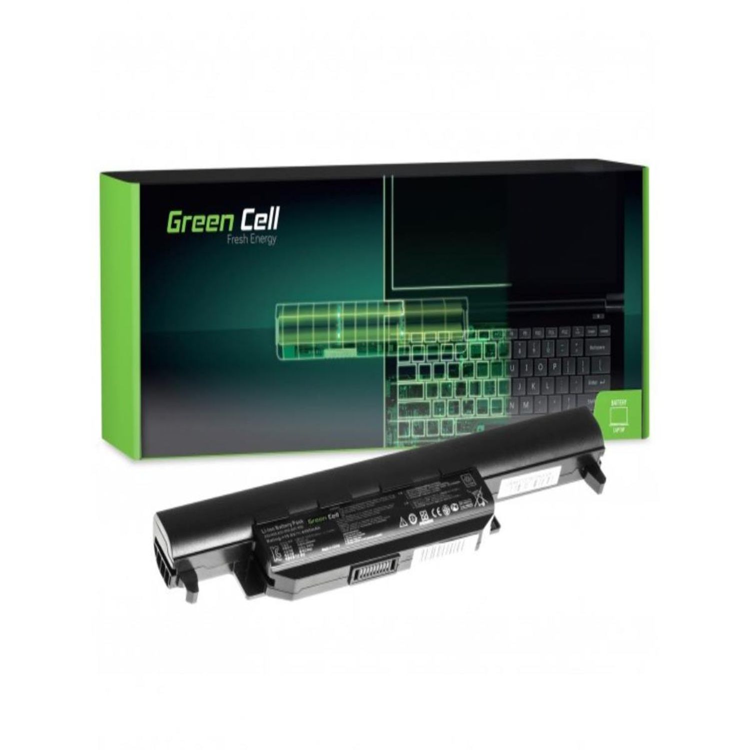 Bateria do laptopa przed zielono-czarnym pudełkiem z grafiką laptopa.