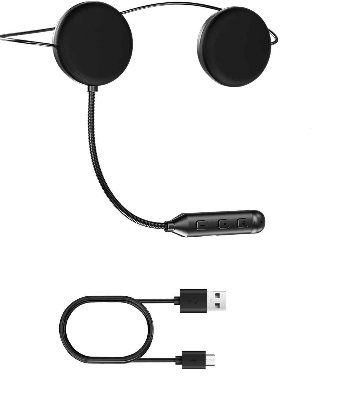 Schwarze Motorrad-Headset-Ohrhörer mit Steuereinheit und USB-Ladekabel.