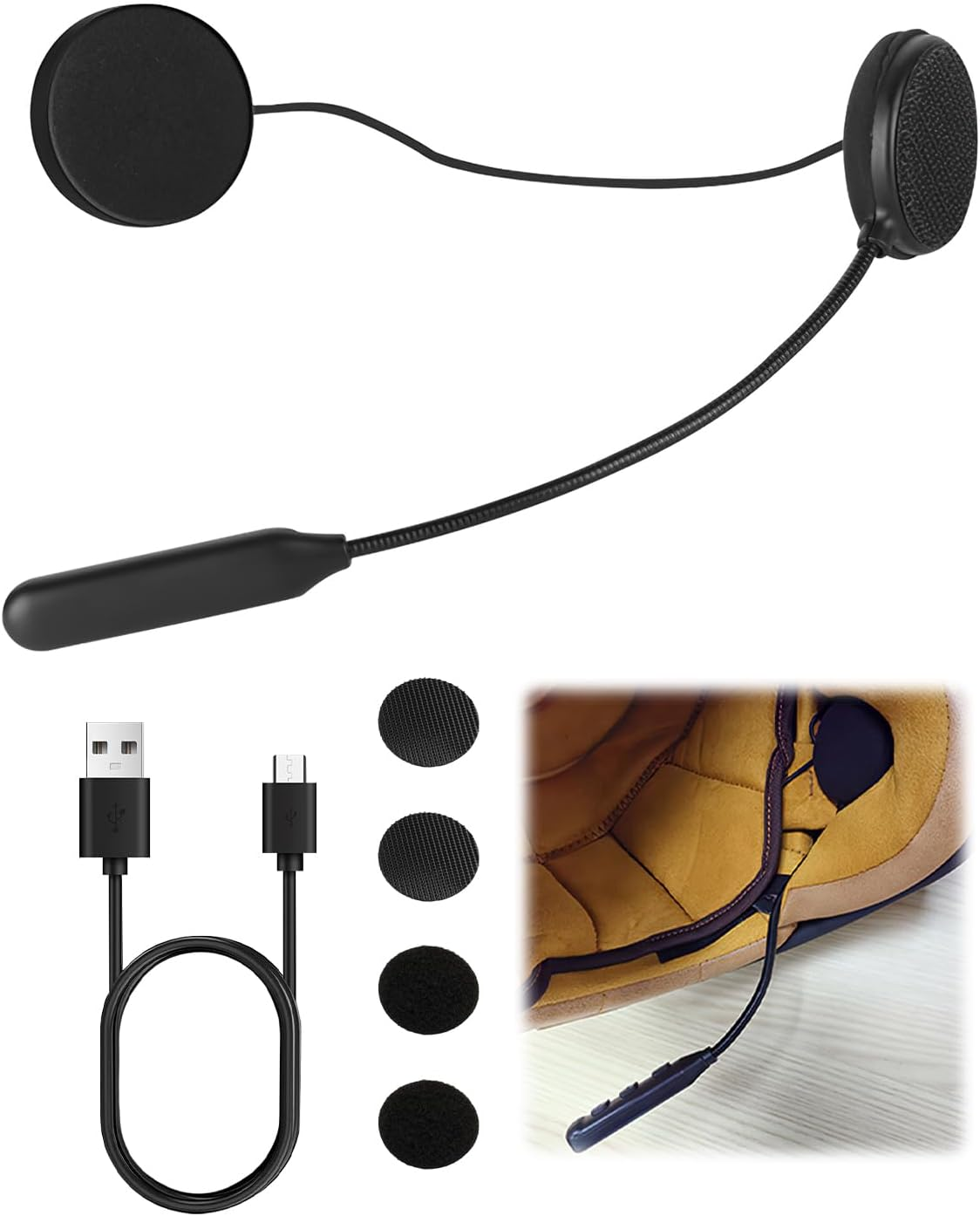 Motorradhelm-Headset mit Mikrofon, Lautsprechern, Kabeln und Zubehör.