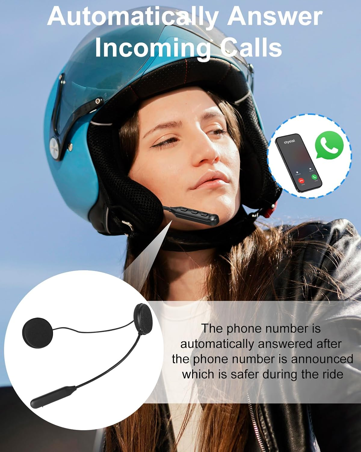 Motorradfahrer mit Helm, der ein Handy mit Anrufbildschirm hält.
