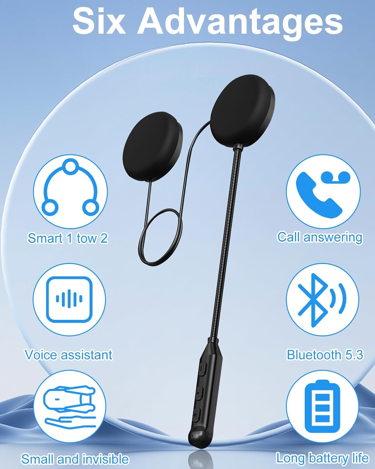 Ein schwarzer Bluetooth-Kopfhörer mit Mikrofon, der sechs Vorteile hervorhebt.