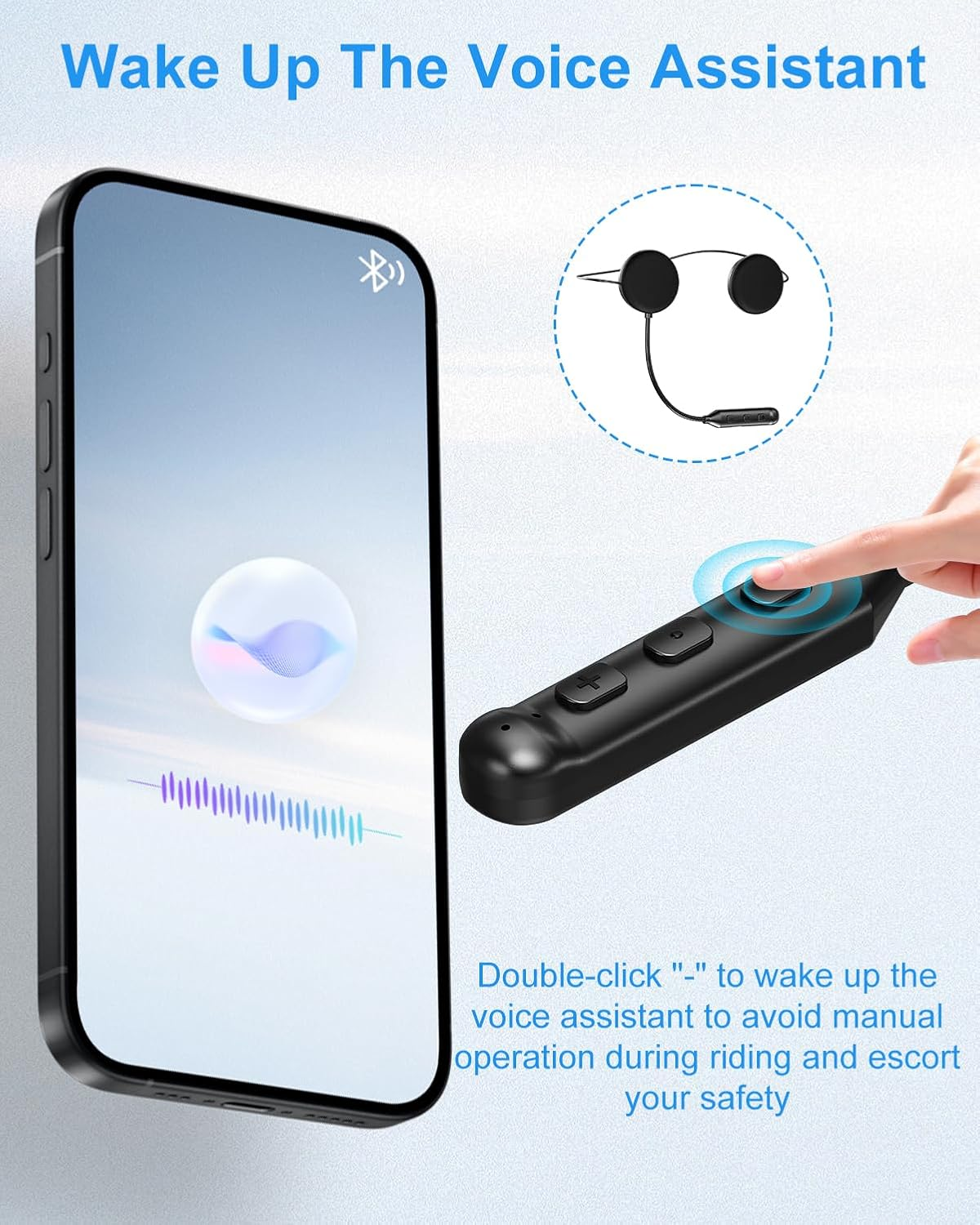 Ein Smartphone zeigt eine Sprachassistent-Oberfläche. Daneben ein Gerät zum Bedienen.