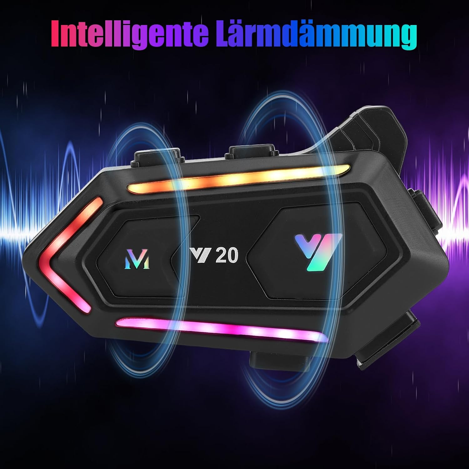 Schwarzer Kopfhörer mit leuchtenden Ringen und "Intelligente Lärmdämmung" Schriftzug.