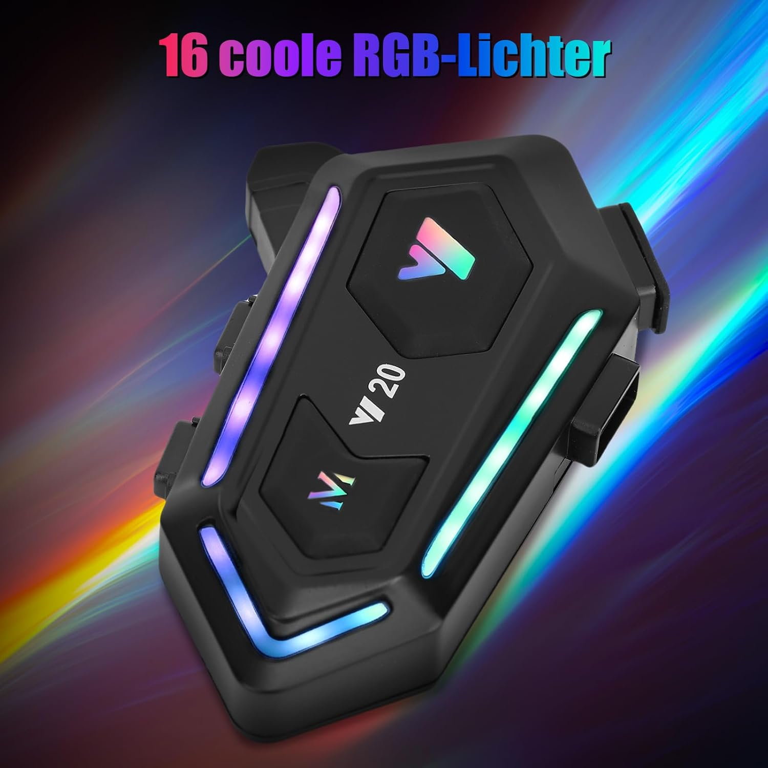 Ein schwarzes Gerät mit RGB-Beleuchtung und Symbolen auf einem bunten Hintergrund.