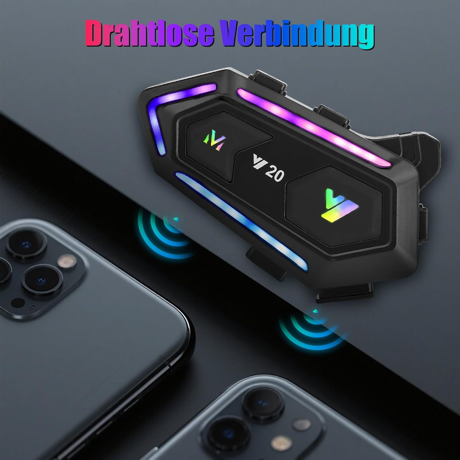 Schwarzer Kommunikator mit LED-Licht, neben zwei Smartphones.