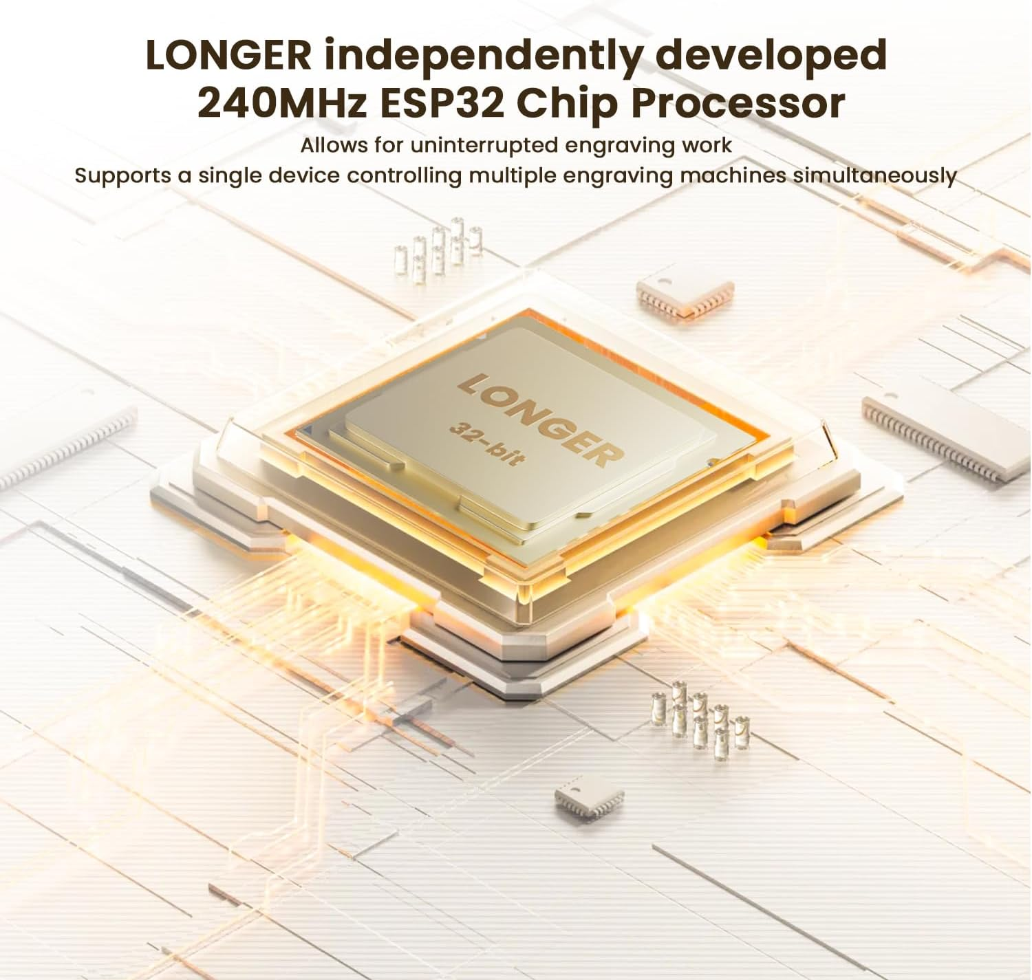 Nahaufnahme eines LONGER ESP32-Chips mit Glanzlichtern und Schaltkreisen.