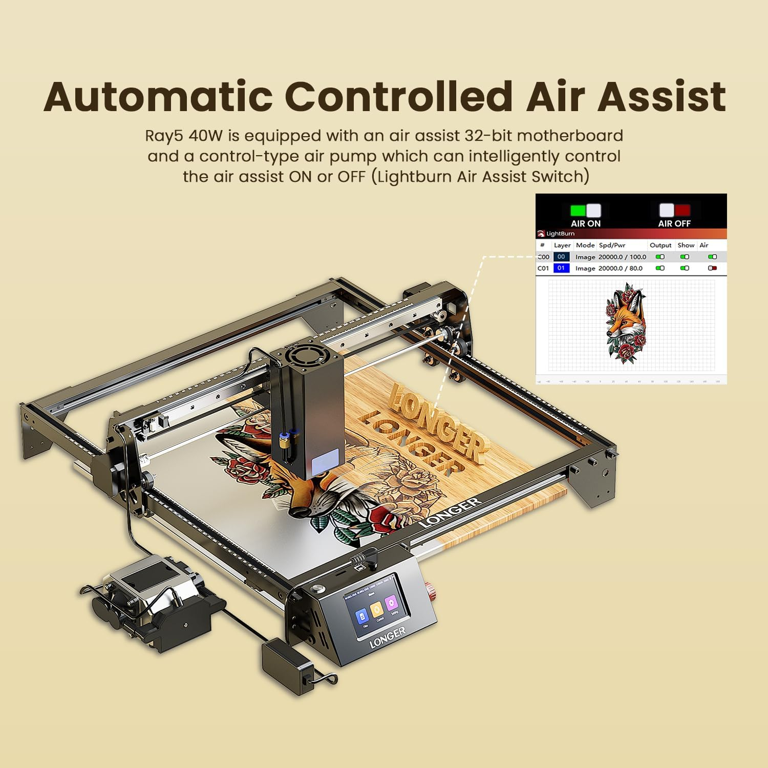 Ein Lasergravierer mit Air-Assist-Funktion, der eine Fuchsgrafik graviert.