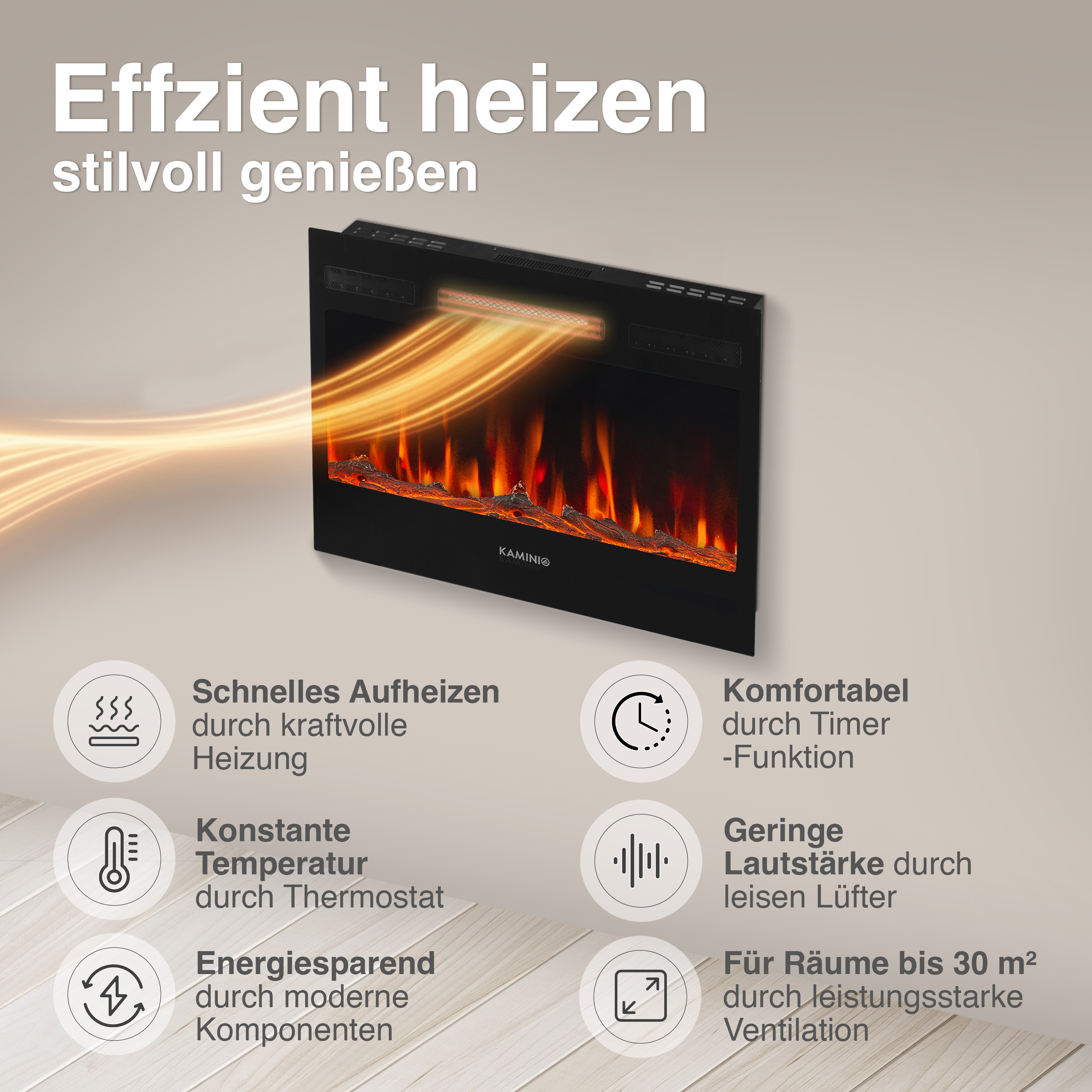 Elektrischer Kamin mit Flammen-Effekt und Heizfunktion. Icons zeigen Features.