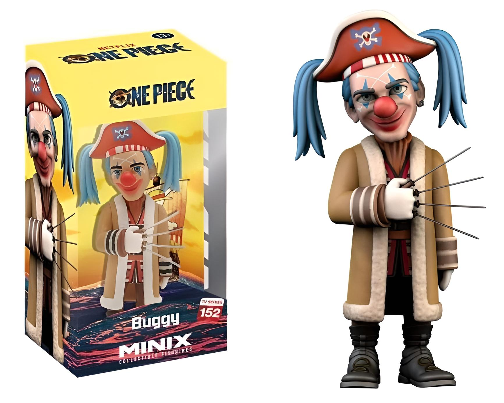 Eine Minix-Figur von Buggy mit Piratenhut und Clown-Schminke.