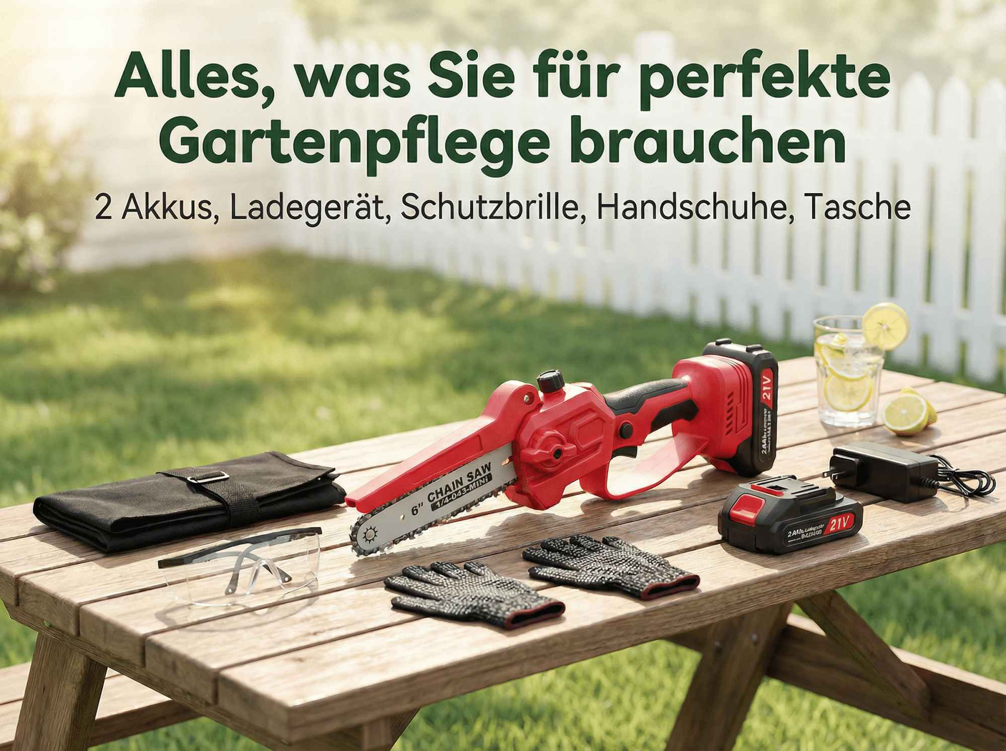 Ein Gartenset mit Kettensäge, Akkus, Handschuhen und Schutzbrille auf einem Holztisch.