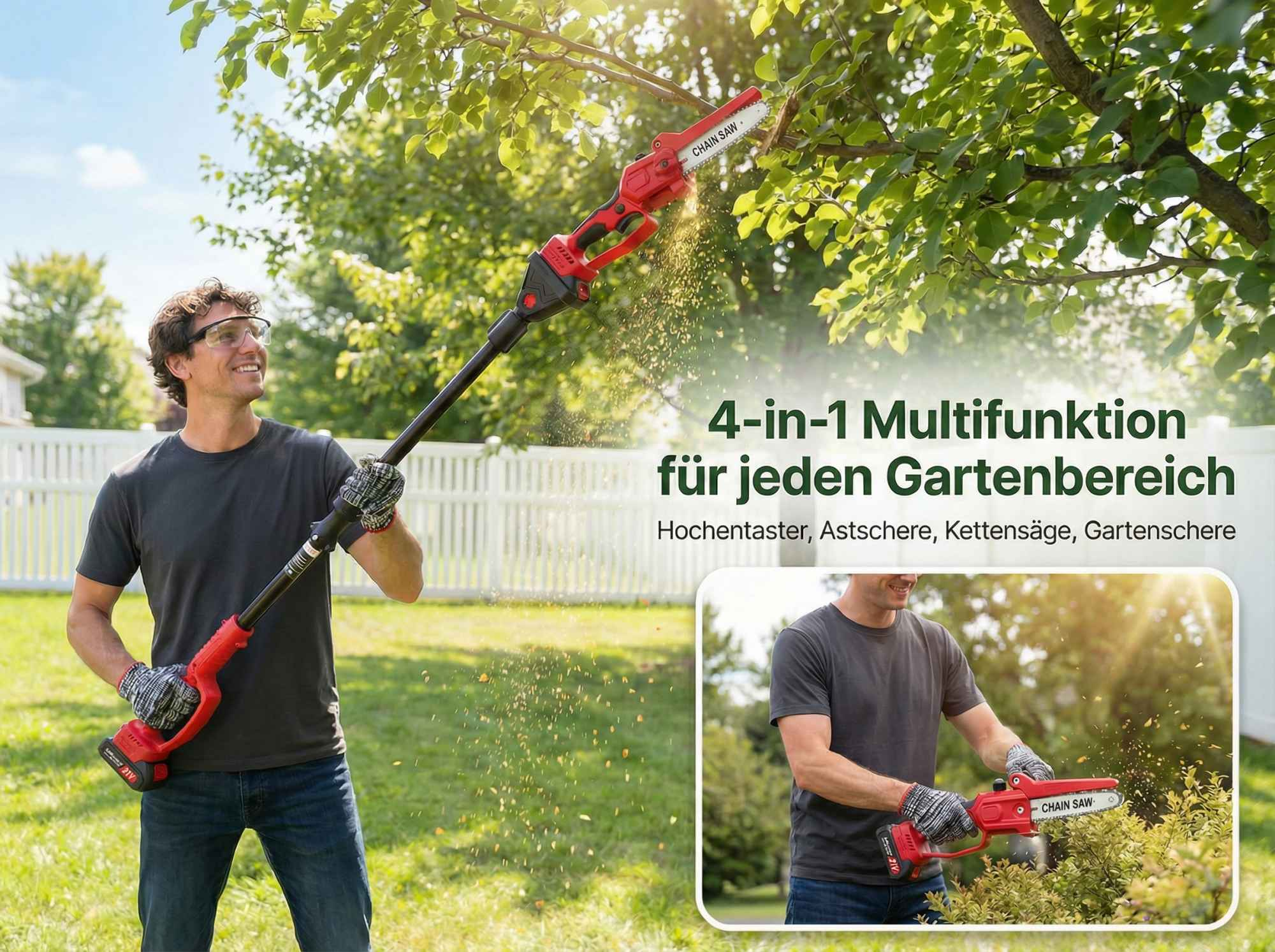 Ein Mann benutzt eine Heckenschere mit Stiel, um Äste zu schneiden. Sägespäne fliegen.
