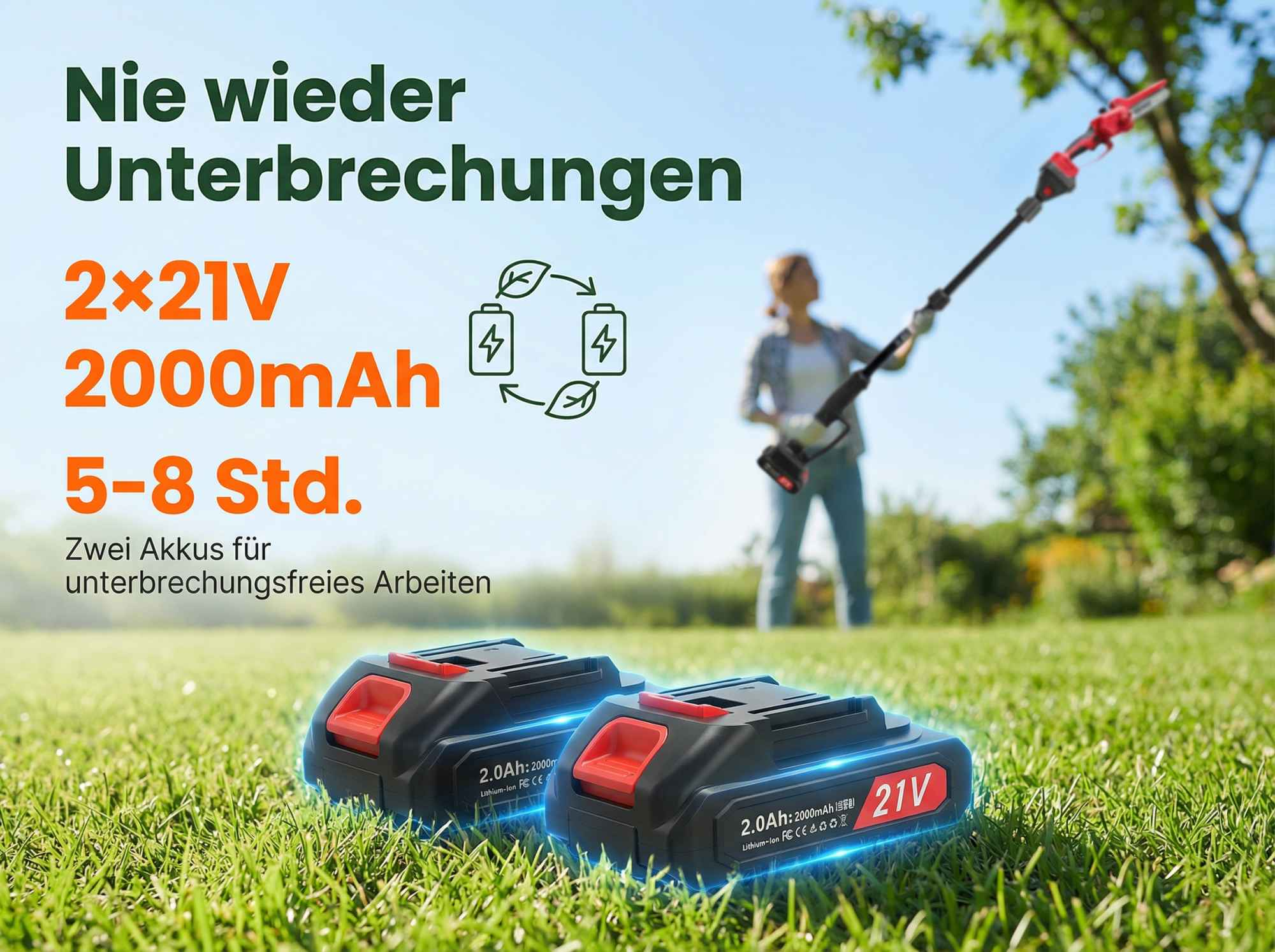 Zwei 21V 2000mAh Akkus liegen im Gras. Eine Frau bedient ein Werkzeug im Hintergrund.