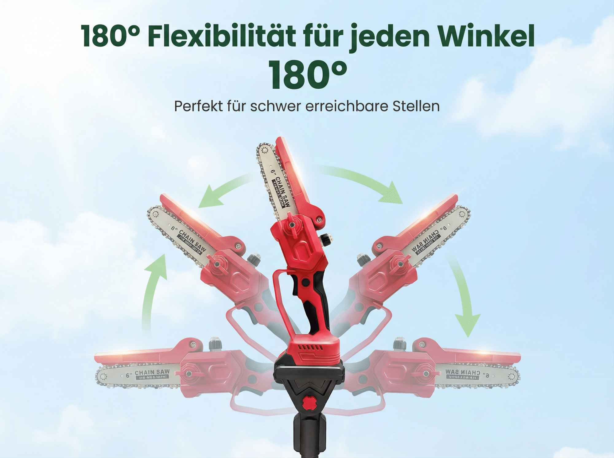 Ein rotes Kettensägenwerkzeug mit 180° Flexibilität, das in verschiedenen Winkeln dargestellt wird.