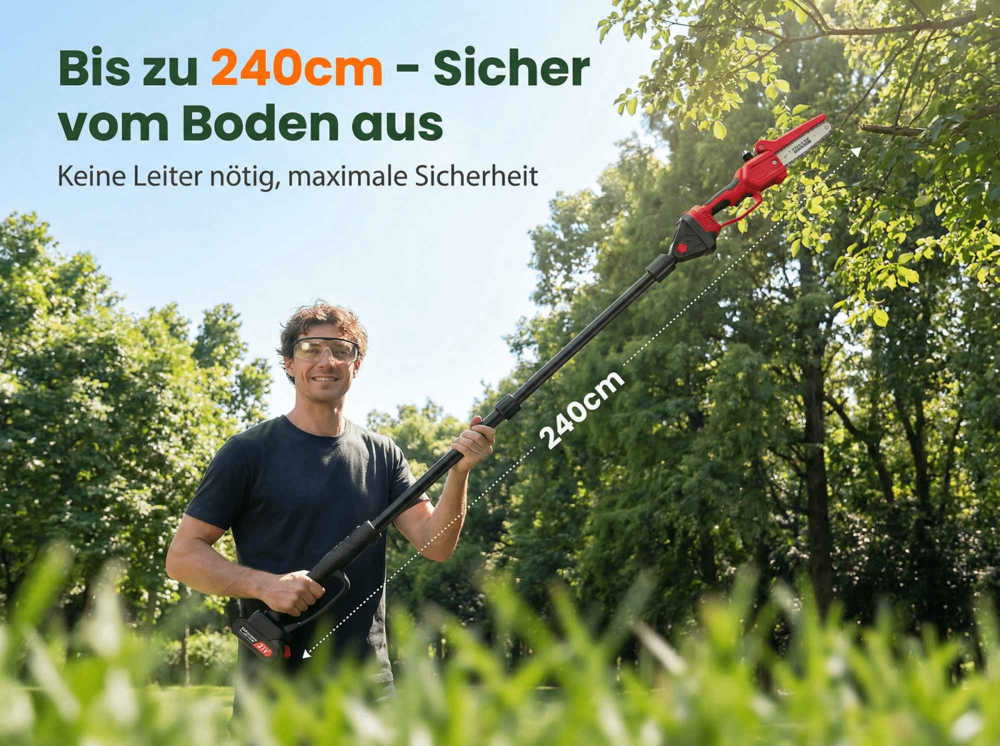 Mann mit Kettensäge auf Stange, bis 240cm Reichweite.