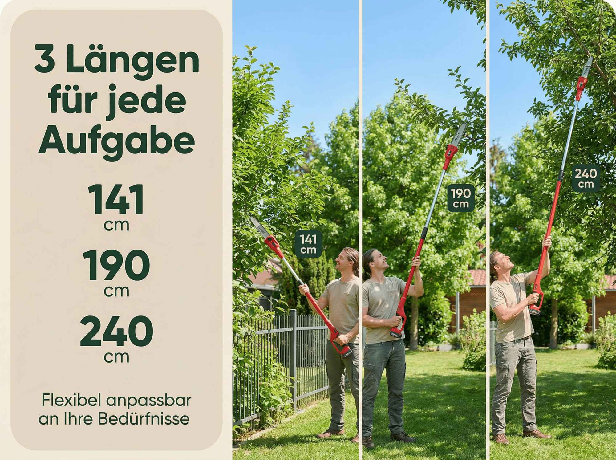 Drei anpassbare Astscheren in Längen von 141, 190 und 240 cm.