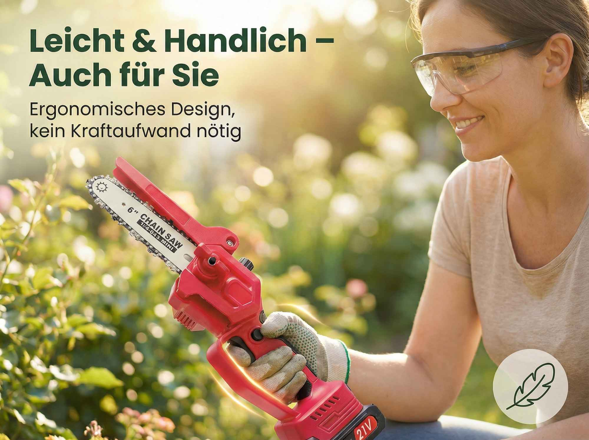 Frau mit Schutzbrille hält eine rote Kettensäge mit 6-Zoll-Sägeblatt.