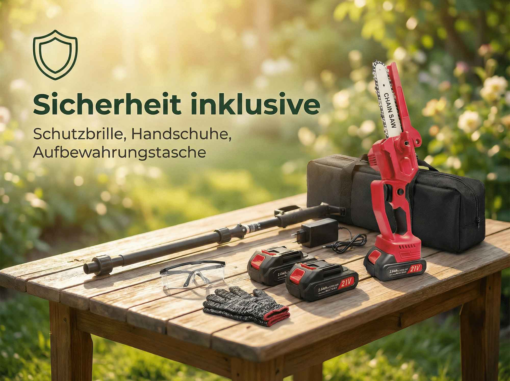 Ein Kettensägen-Kit mit Zubehör wie Schutzbrille, Handschuhen und Tasche.