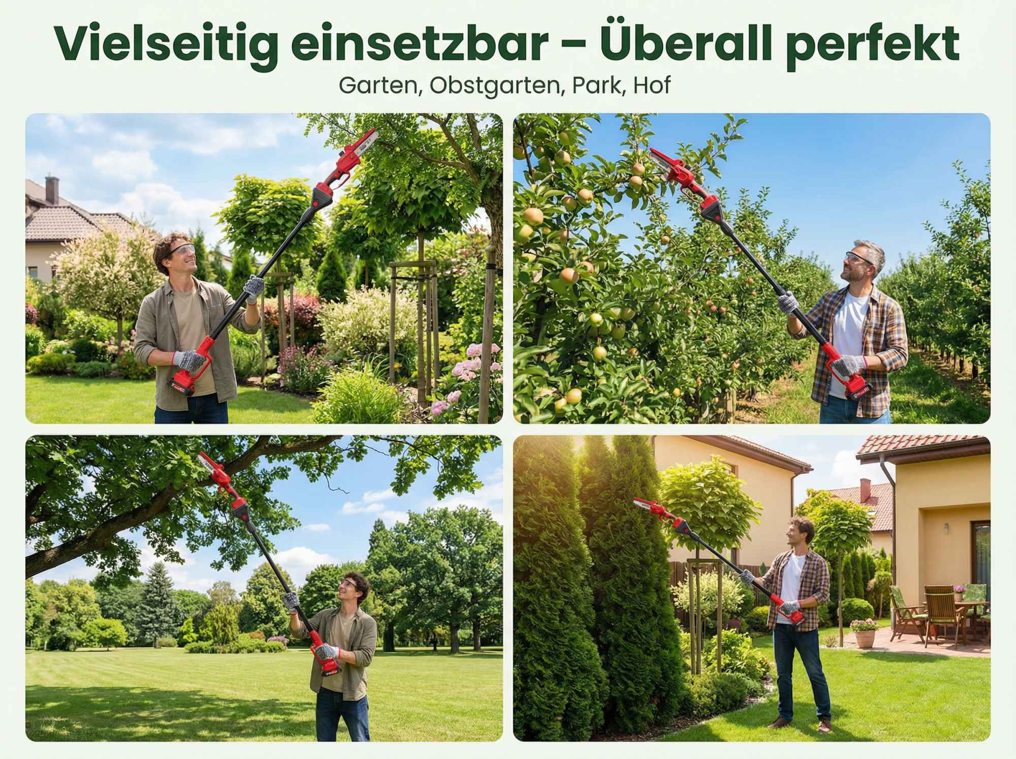Vier Szenen zeigen Männer, die mit einer Teleskop-Astschere Bäume und Hecken schneiden.