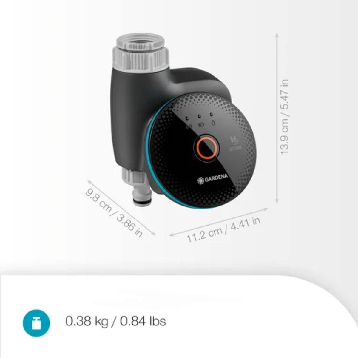 Schwarzer GARDENA Smart Bewässerungscomputer mit Maßen.