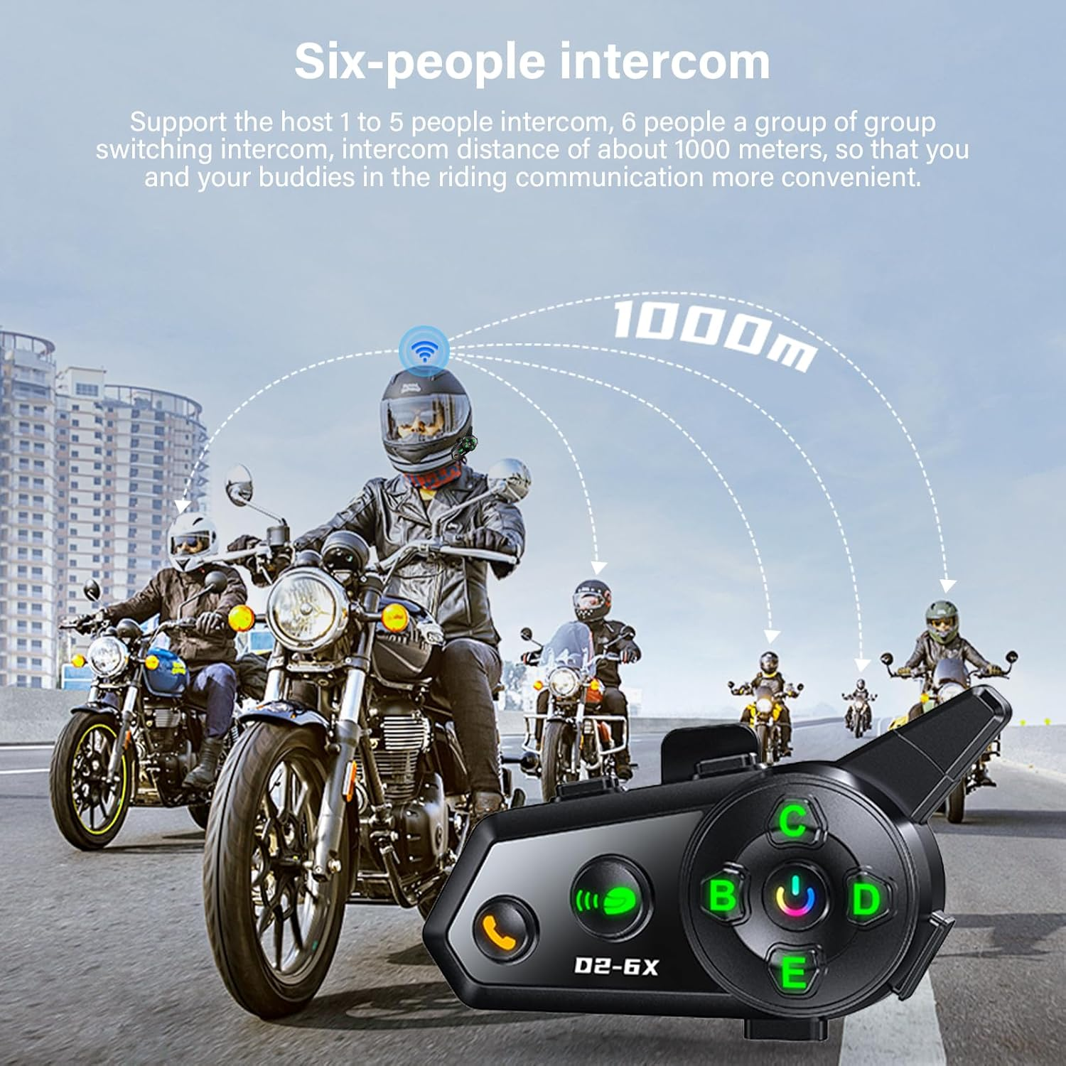 Sechs Motorradfahrer fahren auf der Straße, ein Headset ist vorne zu sehen.