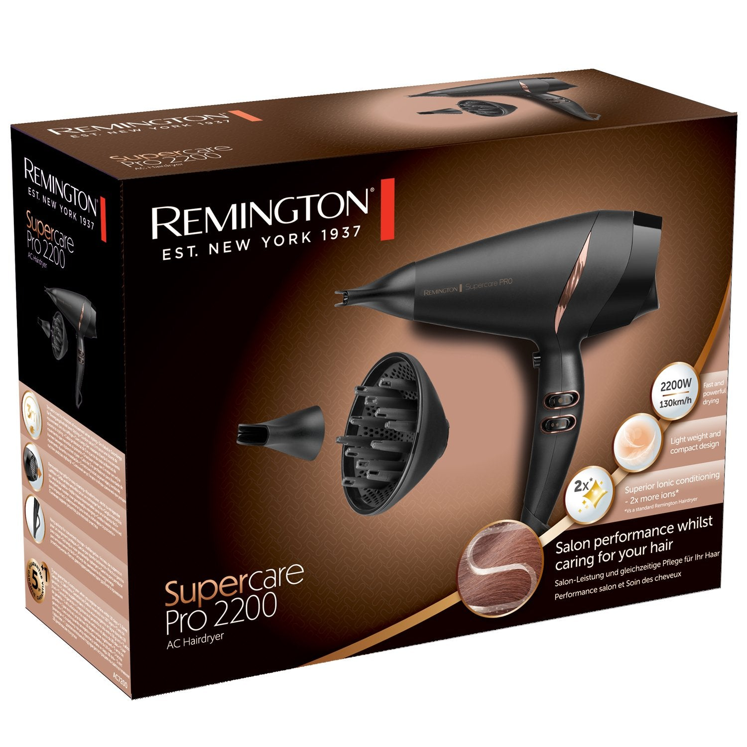 Zwarte Remington haardroger met opzetstukken op bruine verpakking.