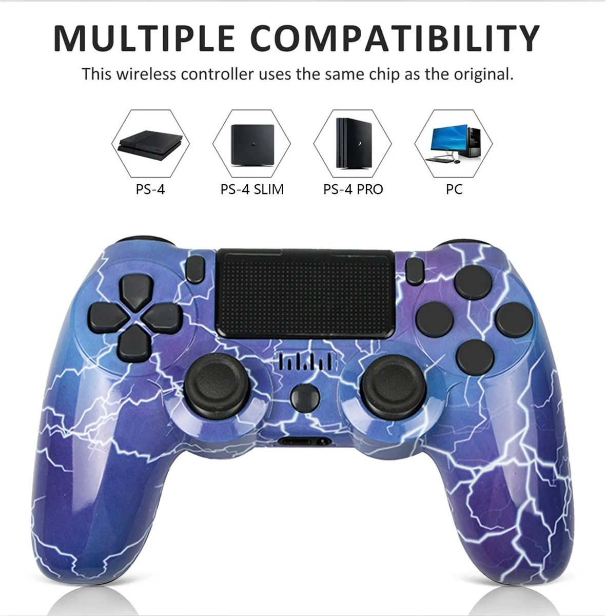 Ein blauer Controller mit Blitzmuster, kompatibel mit PS4, PS4 Slim, PS4 Pro und PC.