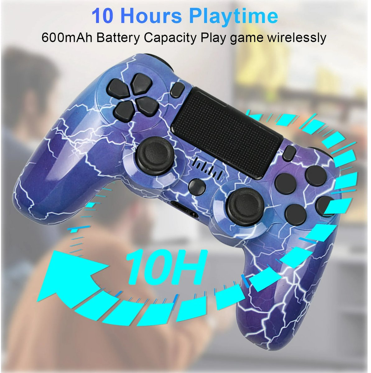 Blauer Controller mit Blitzmuster, 10 Std. Akkulaufzeit hervorgehoben.