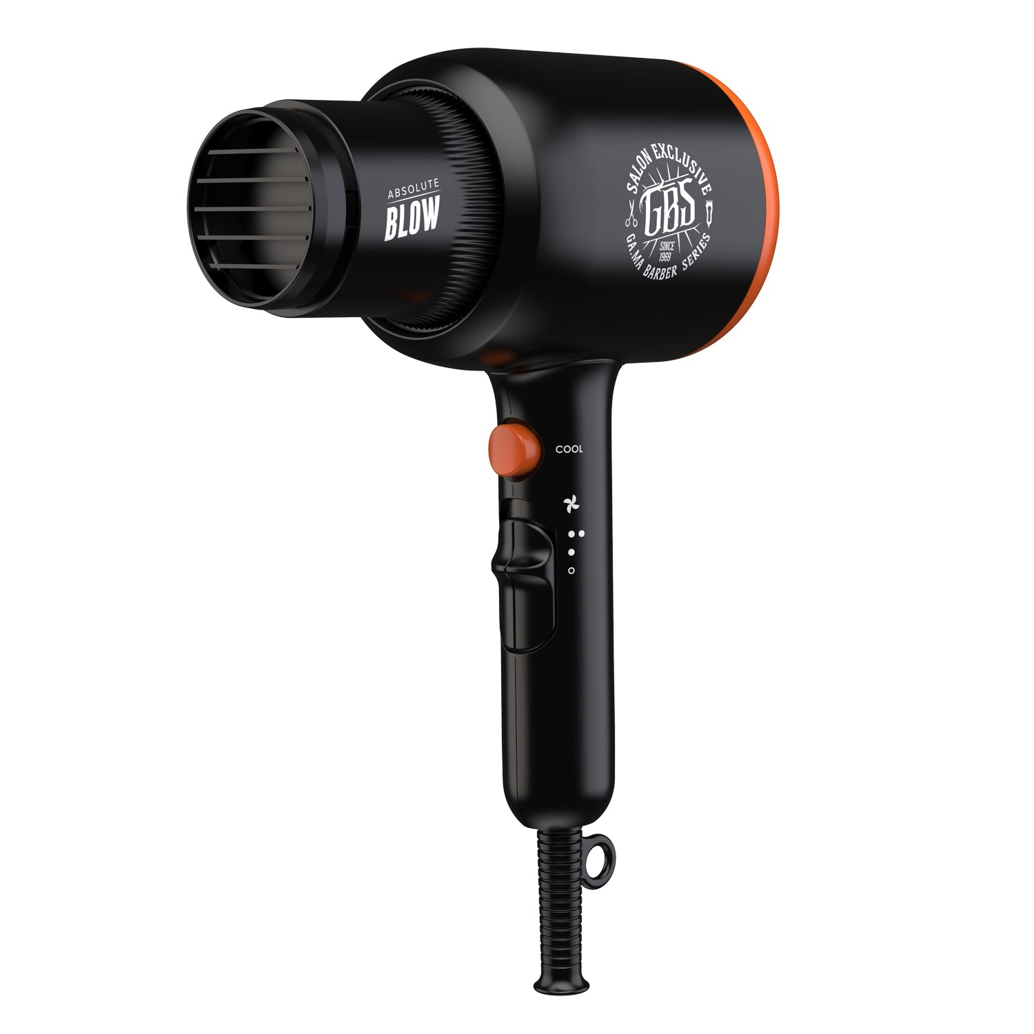 Asciugacapelli nero con anello e pulsante arancioni. Logo GBS sul lato.