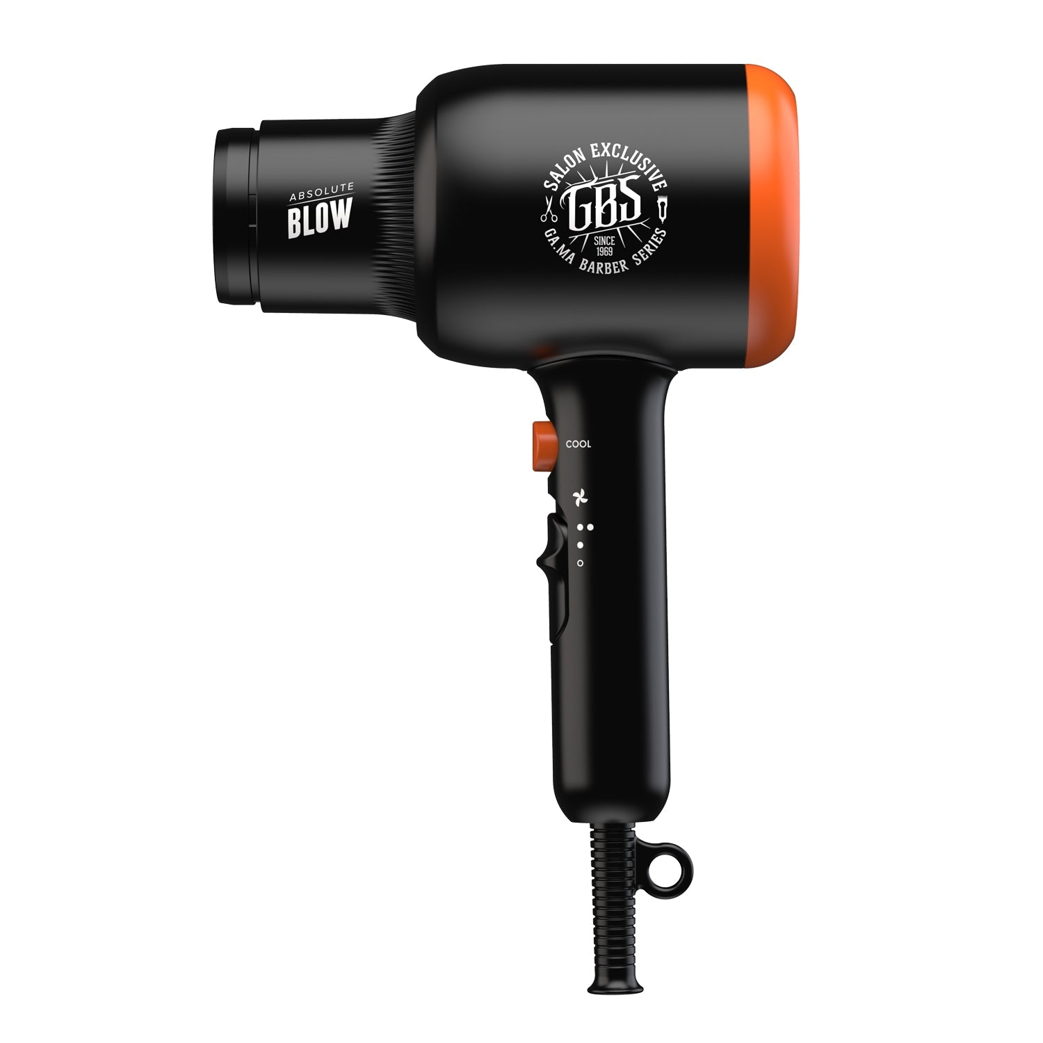Un asciugacapelli nero con accento arancione e logo GBS.