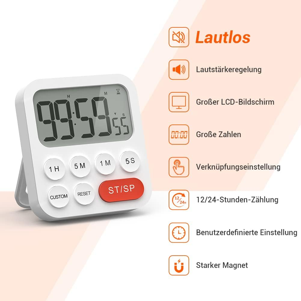 Digitaler Timer mit großen Zahlen und Knöpfen. Features: Lautlos, Lautstärkeregelung, LCD.