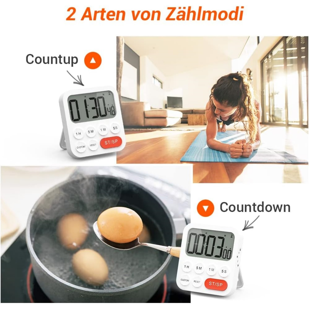 Digitale Timer für Countup und Countdown, ein Ei kocht, eine Frau macht Plank.