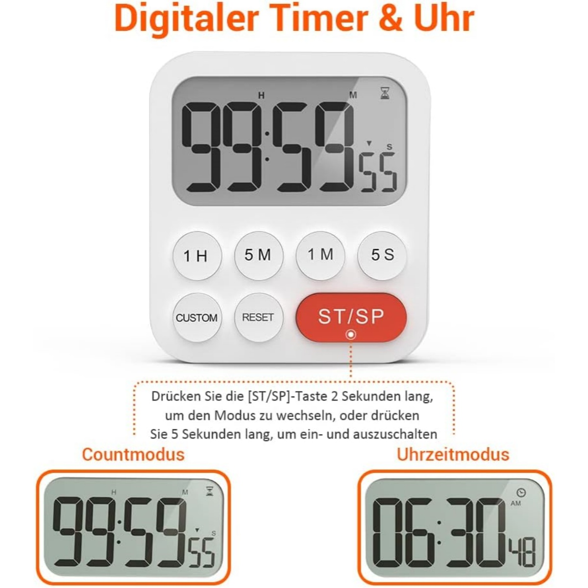 Digitaler Timer und Uhr mit Ziffern 99:59:55, Tasten und zwei Anzeigemodi.
