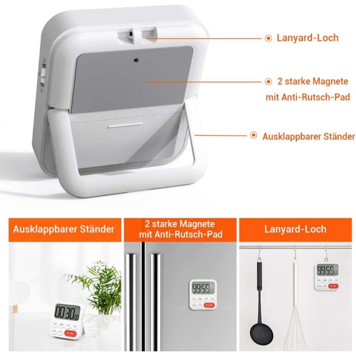 Weißer digitaler Timer mit ausklappbarem Ständer, Magneten und Lanyard-Loch.